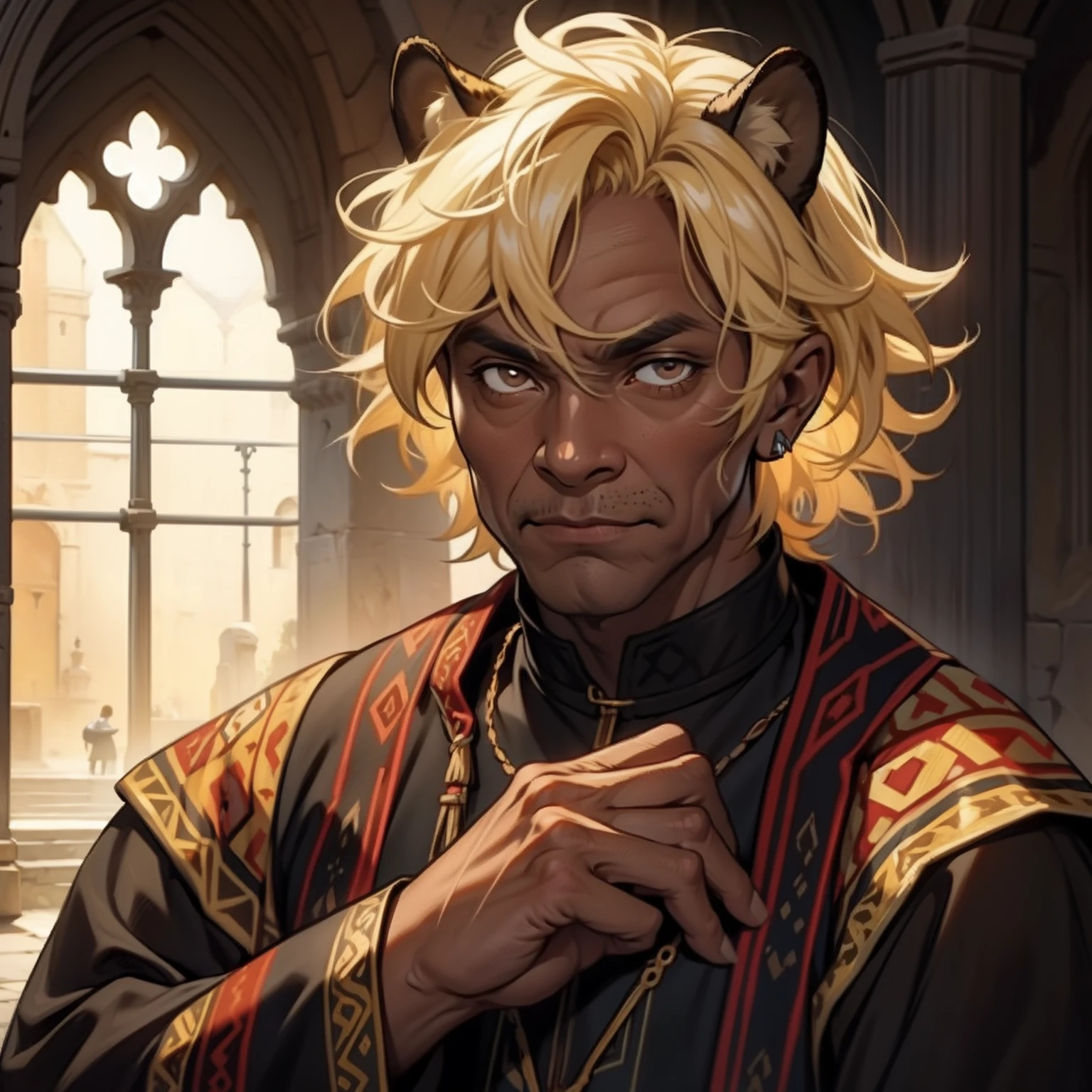 Elderly Dark Skin Old Man. Leopard Ears. Short curly Blonde Hair. Brown eyes. Medieval art. Alone