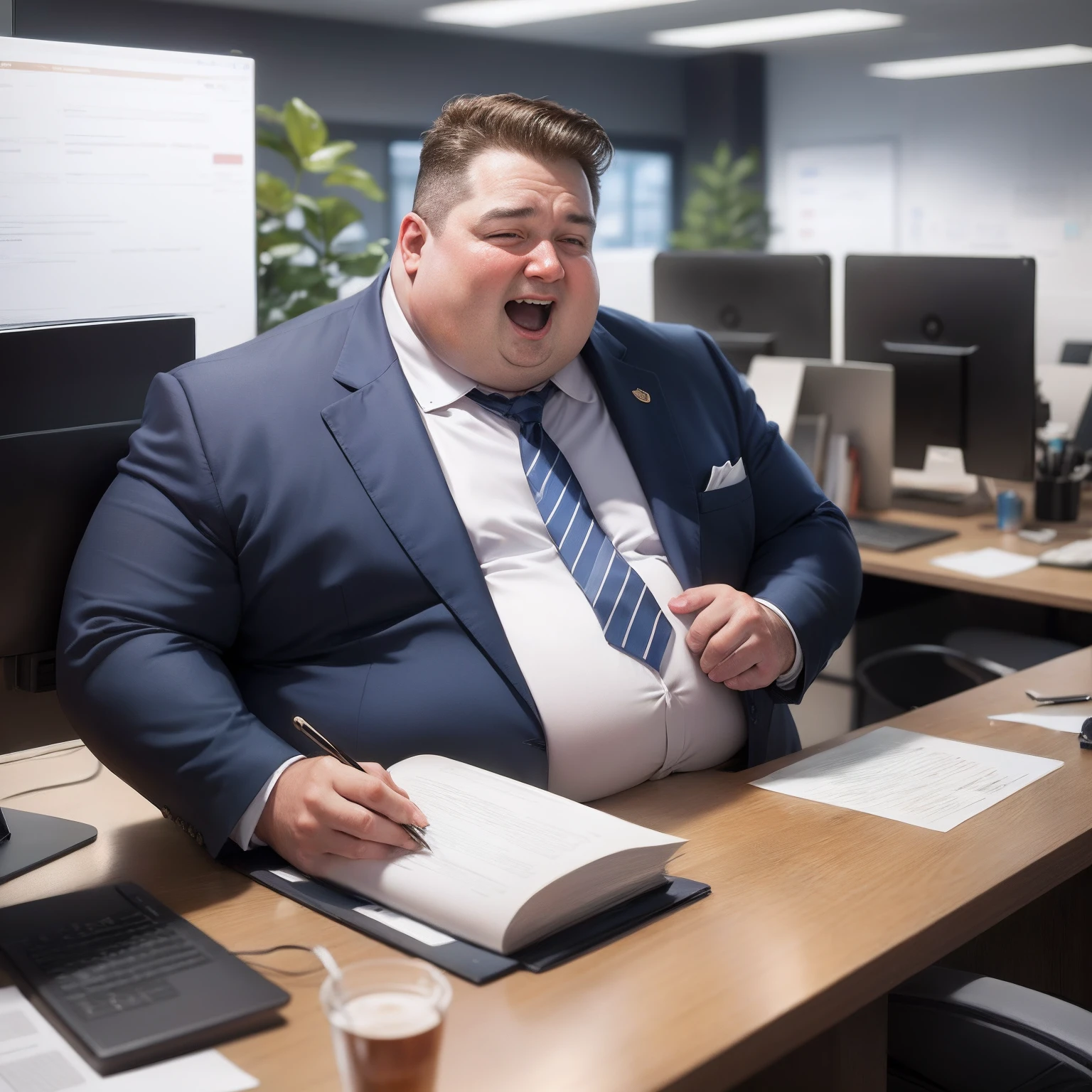 Luxurious office,An obese boss,Laugh