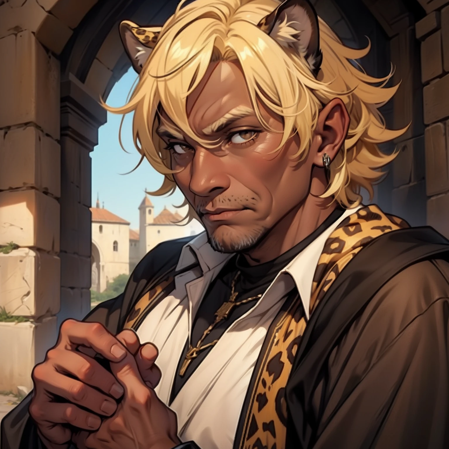 Elderly Dark Skin Old Man. Leopard Ears. Short curly Blonde Hair. Brown eyes. Medieval art. Alone