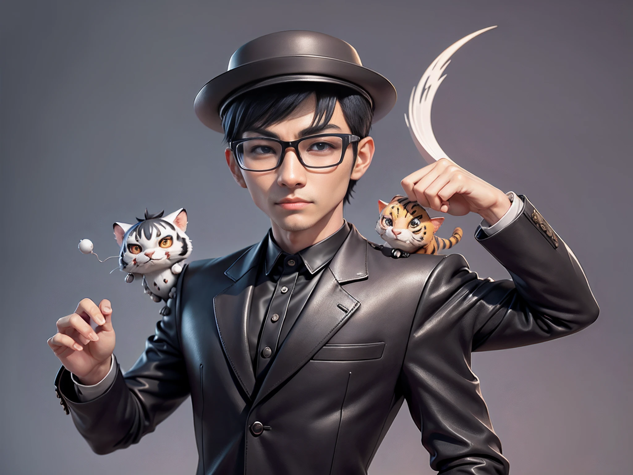Young man with oriental face in leather hat, tiger, oriental face in formal suit, short black hair, silver glasses, digital painting, 3D character design by Mark Clairedon and Pixar and Hayao Miyazaki and Akira Toriyama, the illustration is a high-definition illustration in 4K resolution with very detailed facial features and cartoon-style visuals.