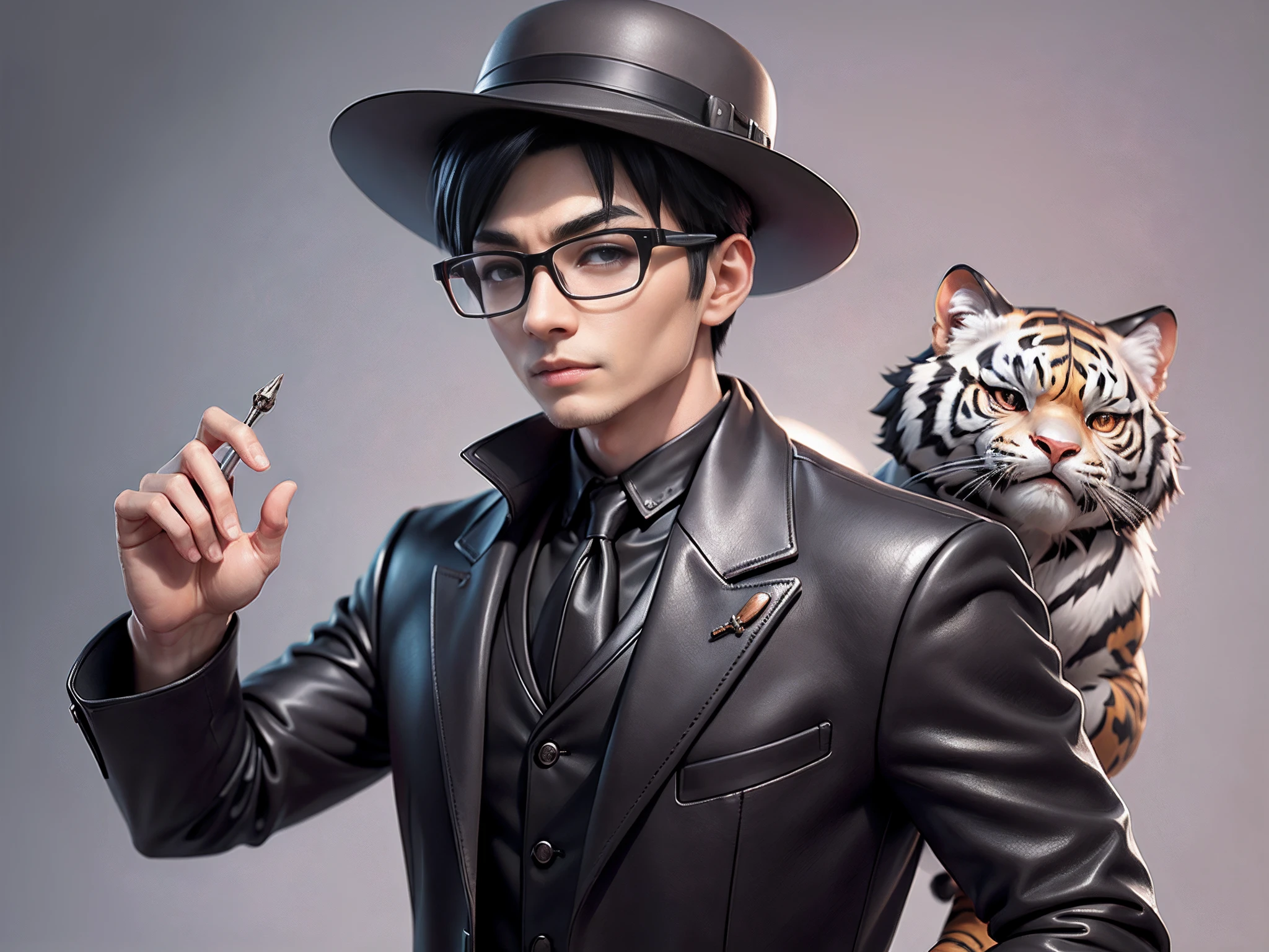 Young man with oriental face in leather hat, tiger, oriental face in formal suit, short black hair, silver glasses, digital painting, 3D character design by Mark Clairedon and Pixar and Hayao Miyazaki and Akira Toriyama, the illustration is a high-definition illustration in 4K resolution with very detailed facial features and cartoon-style visuals.