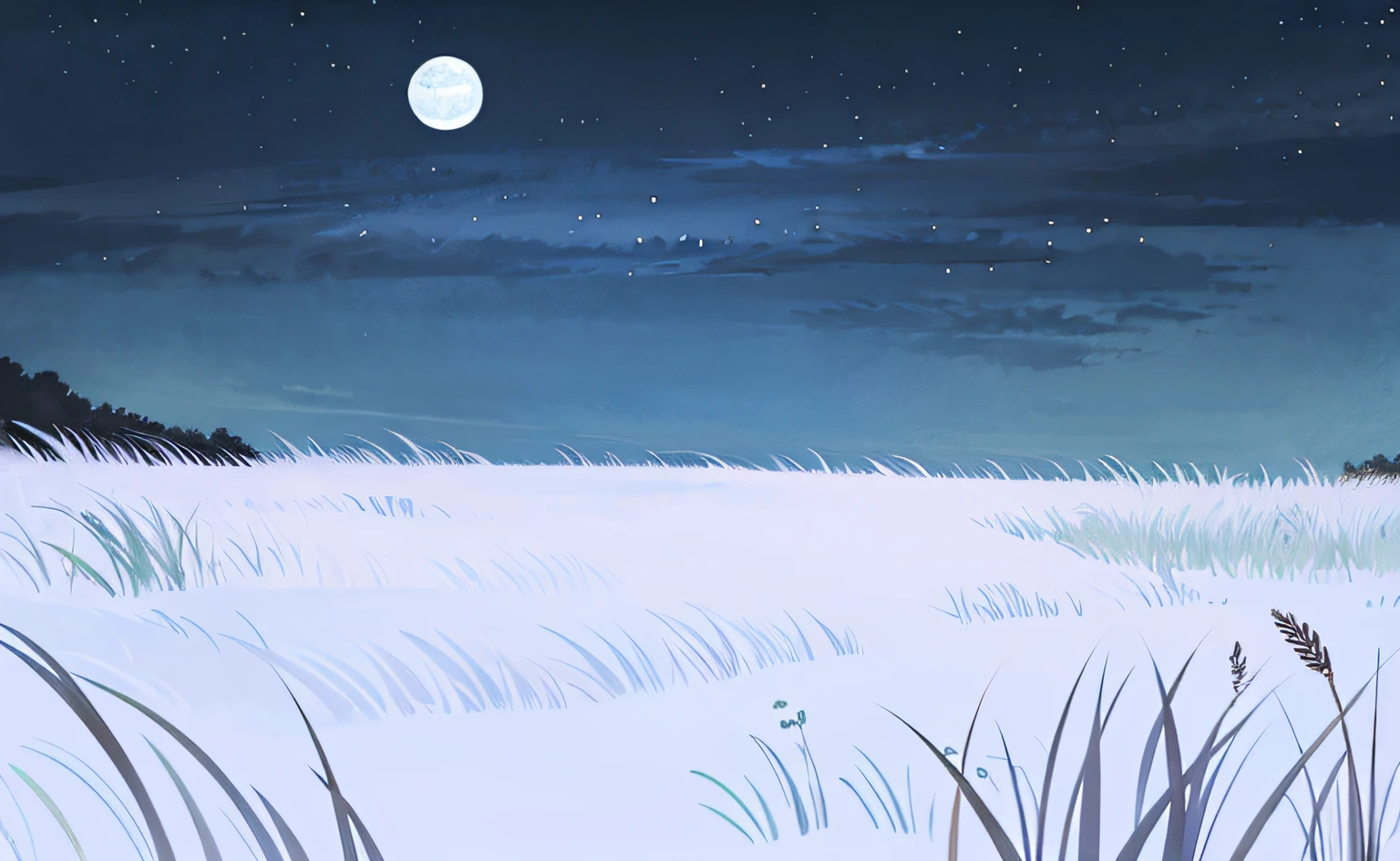 Painting in the moonlight at night，grassy fields，Anime style，Ink wind，Clear nights，Long grass，wheat field，cold shades。Scene illustration