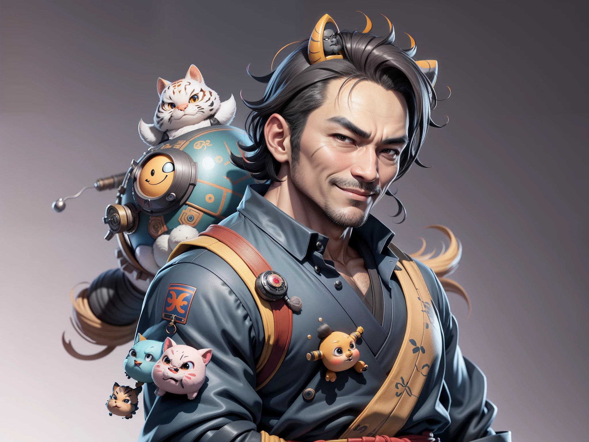 (Daisaku),(Need),(Super meticulous),(full bodyesbian:1.2),Super young man with Japanese geisha,Beautiful,orient,one tiger,Aeolian Thor,Raised sexy,爆乳,Oriental face,TV Anchor,Bust portrait illustration,In black suit,a blue tie,The face is slightly chubby,The face was clean,without a beard,Black super short hair,Black eyes,Smile confidently,3C computer sub-products,iPad, iphone,Digital painting,3D character design by Mark Clairen and Pixar and Hayao Miyazaki and Akira Toriyama,The illustration is a high-definition illustration in 4K resolution,With very detailed facial features and cartoon-style visuals。