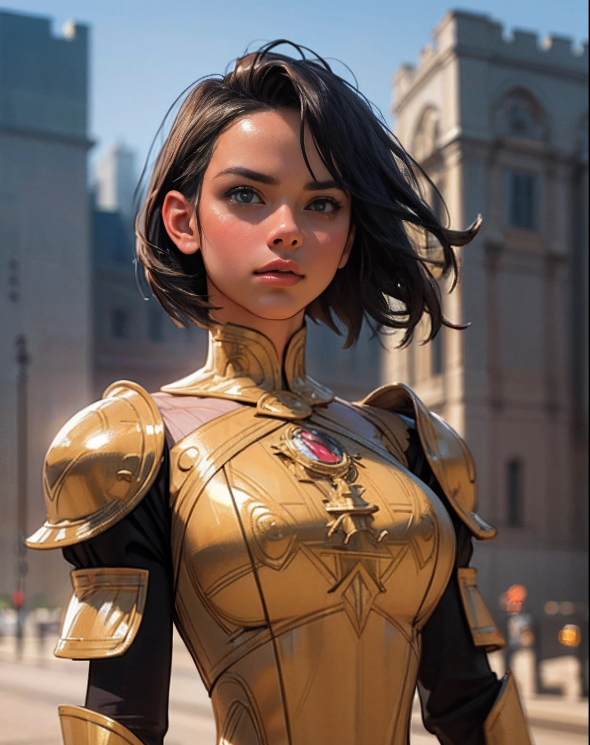 (8k, RAW photo, highest quality),hyperrealistic,intricate abstract,intricate artwork,abstract style,mesmerizing portrait of a woman with golden armor,delicate diamond patterns,armor from another world,insanely detailed features,reflecting lights,glimmering lights,dark elements,shiny,bioluminescence,non-representational,colors and shapes,expression of feelings,imaginative,highly detailed,extremely high-resolution details,photographic,realism pushed to extreme,fine texture,4k,ultra-detailed,high quality,high contrast,