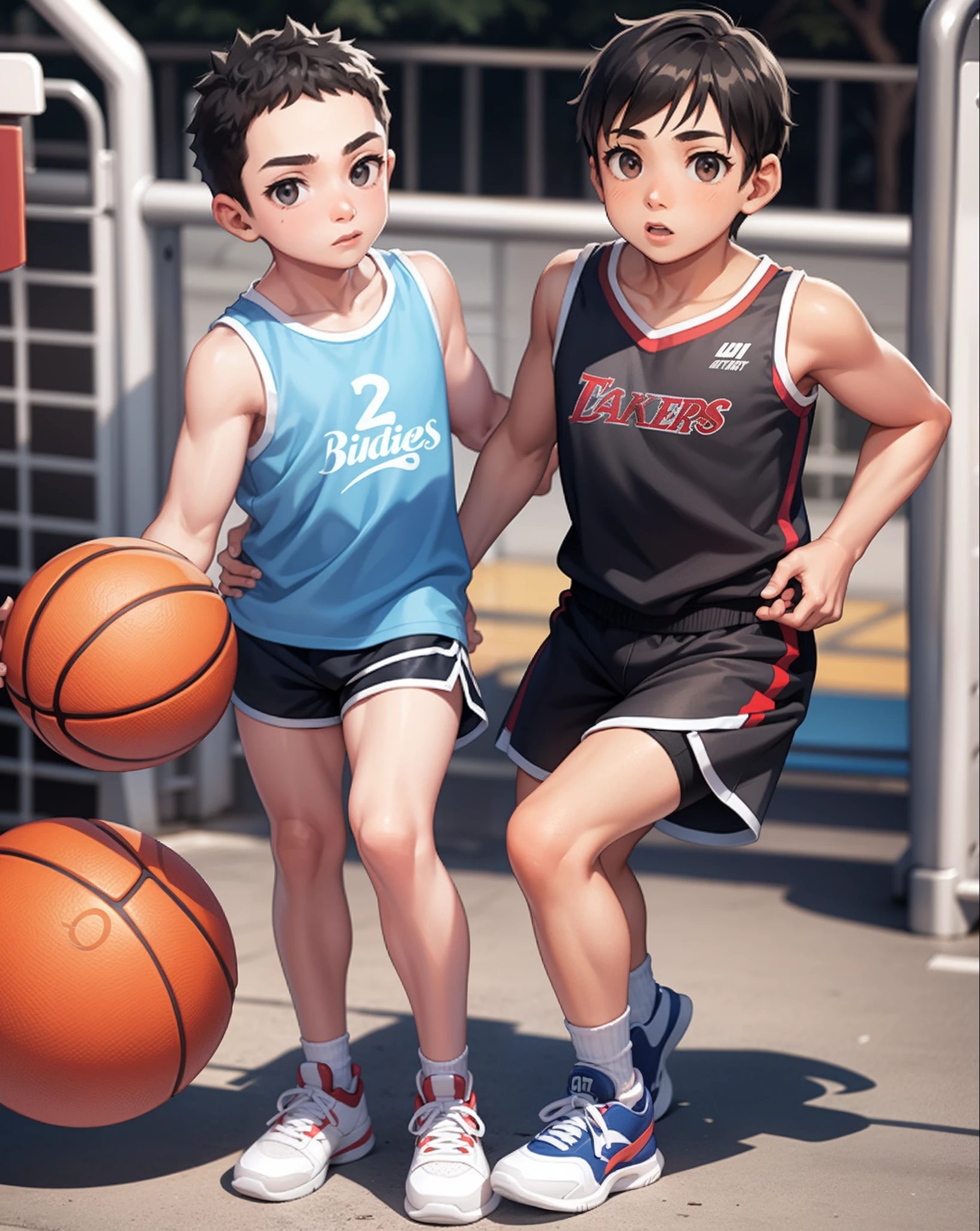 Two little boys,Play basketball on the playground,Tank top shorts,12 years old,sport,Little fat,There is a little leg hair,Split pants