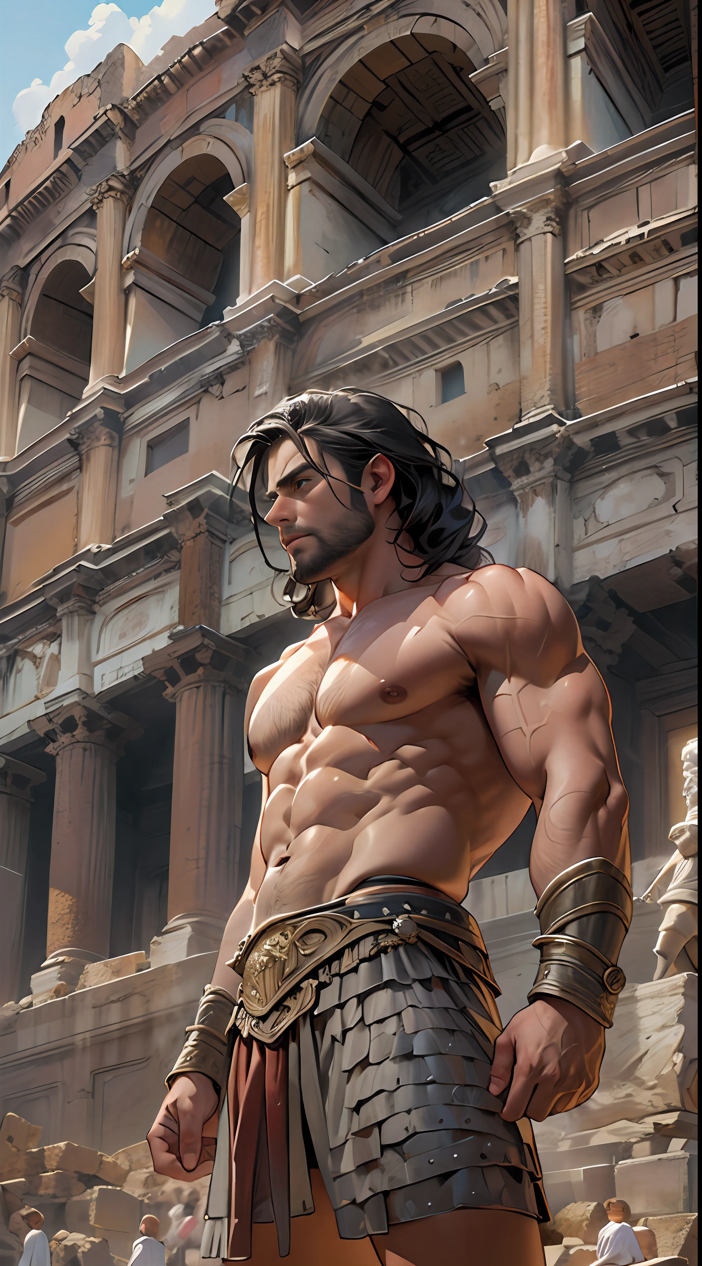 Herculean gladiator, bare chest, lower body revealed from thighs to feet, long curls cascading, meticulous muscle definition, photorealistic portrayal, 4K quality. Background: Colosseum in ancient Rome,32k uhd, best quality, masterpiece, super detail, high details