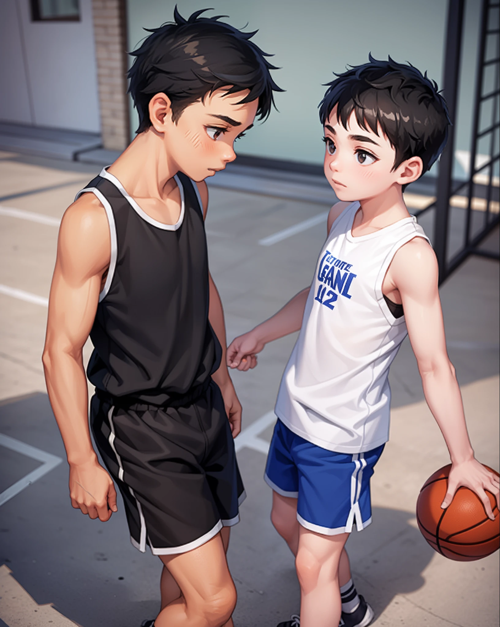 Two little boys，Play basketball on the playground，Tank top shorts，12 years old，sport，Little fat，There is a little leg hair，Split pants