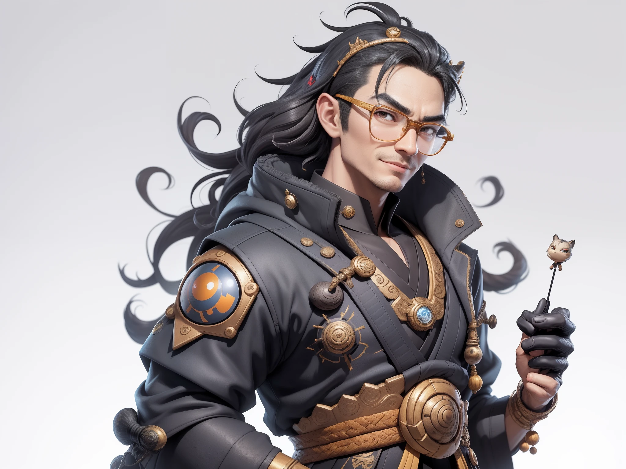 (Masterpiece), (Excellent), (Super Meticulous), (Full Body: 1.2), Super Young Man with Japanese Female Geisha, Pretty, Beautiful, Chinese Dragon, Tiger, Wind God Thor, Sexy, Bursting, Oriental Face, TV Anchor, Bust Portrait Illustration, Black Suit, Blue Tie, Slightly Chubby Face, Silver Glasses, Very Clean Face, No Beard on Chin, Black Super Short Hair, Black Eyes, Confident Smile, 3c Computer Sub-Products, iPad, iPhone, Digital Painting, 3D character design by Mark Clairedon and Pixar and Hayao Miyazaki and Akira Toriyama, the illustrations are HD illustrations in 4K resolution with highly detailed facial features and cartoon-style visuals.