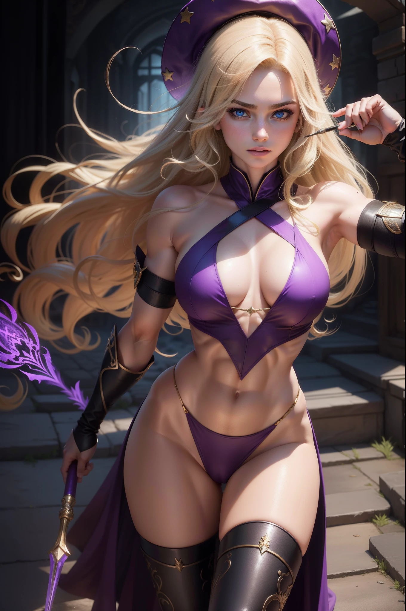 (8K,Photorealsitic Raw photography top-quality;1.4) (1girl in) Super beauty (Lifelike face) Muscular and macho female body (Blonde with long curls) Hold up a black and red magic wand combat scene Magic hat with black and purple and gold exterior Beautiful expression glareing (real looking skin) (sorcerer) enticing 超A high resolution A hyper-realistic high detal fully body photo ruins