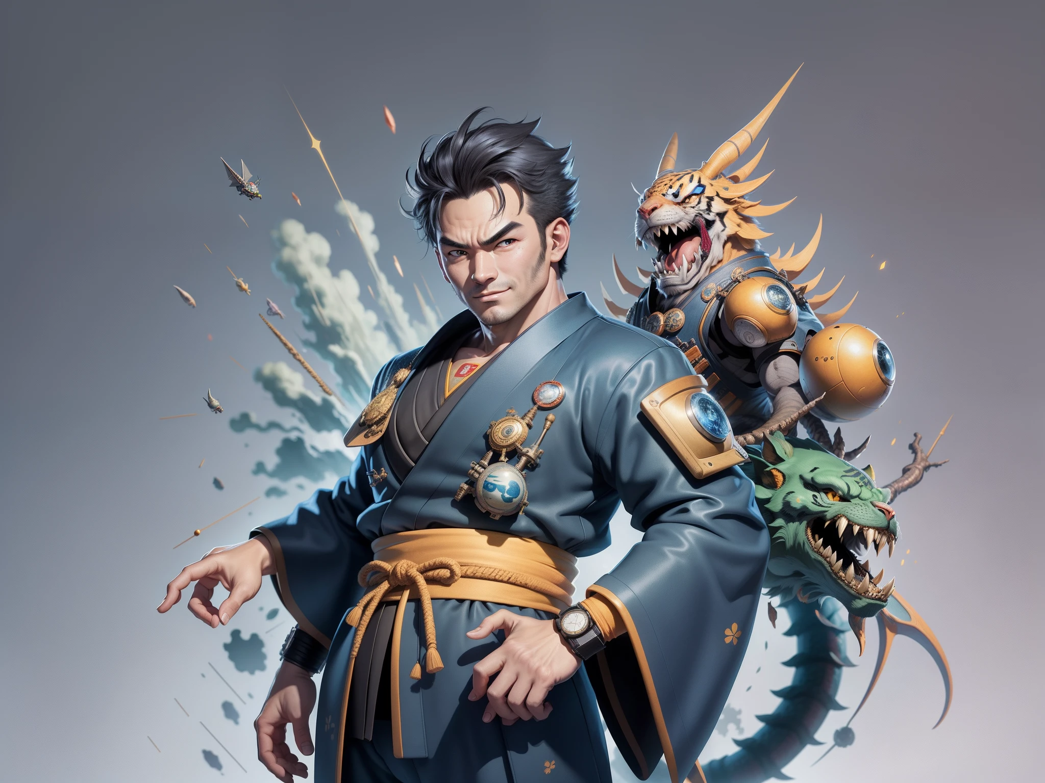 (Masterpiece), (Excellent), (Super Meticulous), (Full Body: 1.2), Super Young Man, Oriental Face, Japanese Kimono, Japanese Wind Thunder God, Dragon, Tiger, TV Anchor, Bust Portrait Illustration, Alone, Black Suit, Blue Tie, Slightly Chubby Face, Very Clean Face, No Beard, Black Super Short Hair, Black Eyes, Confident Smile, 3c Computer Sub-Products, iPad, iPhone, Digital Painting, 3D Character Design by Akira Toriyama and Mark Claireden and Pixar and Hayao Miyazaki, The illustration is a high-definition illustration in 4K resolution with very detailed facial features and cartoon-style visuals.
