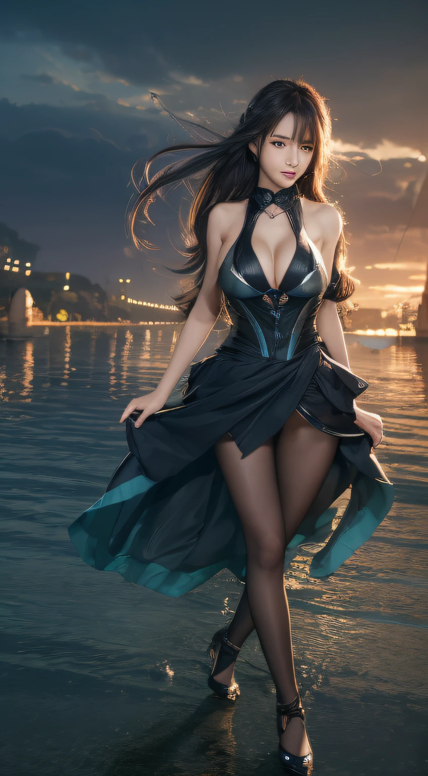 Long hair, aqua eyes, Huge breasts,  High heels, Masterpiece,Best quality,offcial art,Extremely detailed Cg Unity 8K wallpaper, Dusk, Rainy weather adjustment_thigh high,Under the water