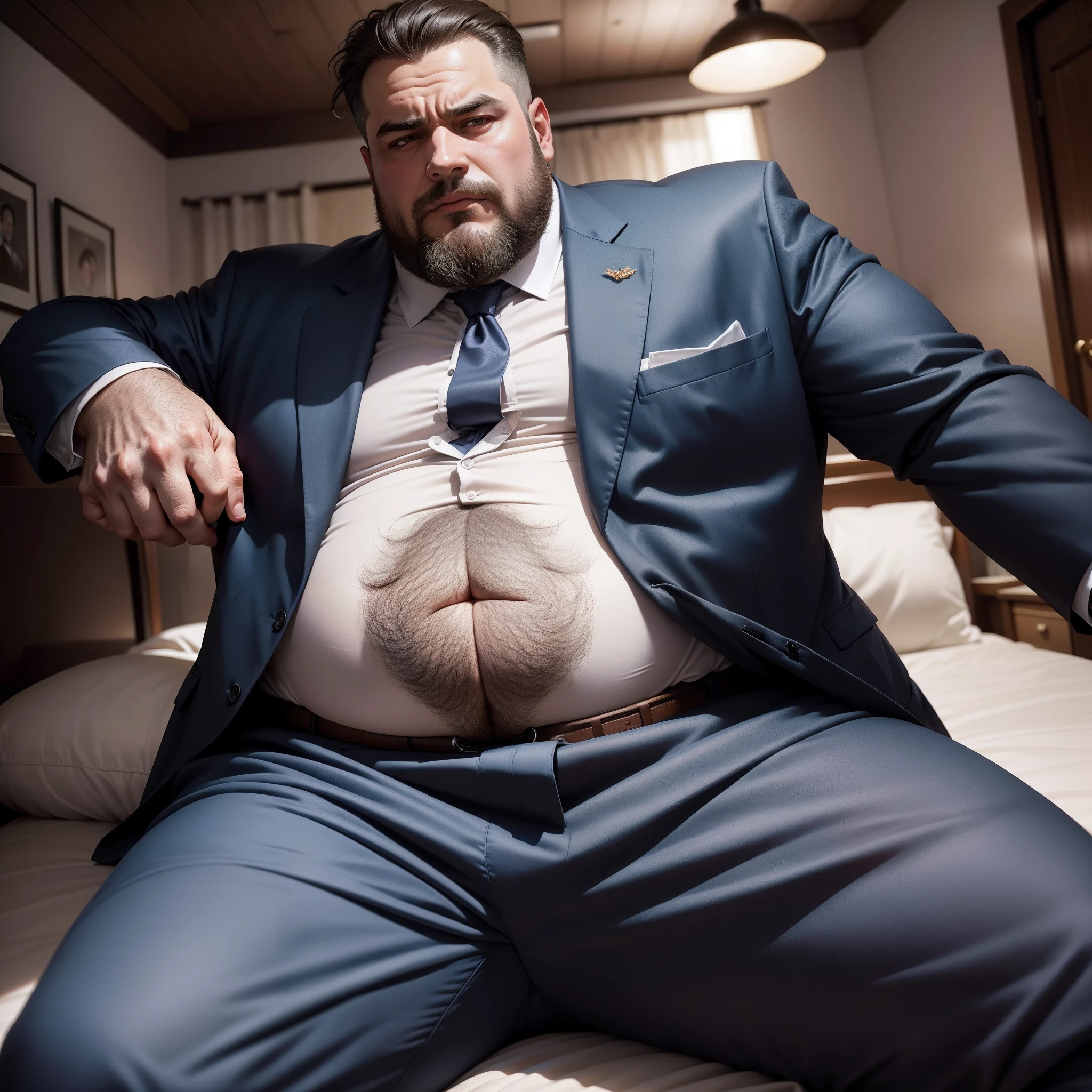 There was a man in a suit and tie sitting on the bed, Fat belly, Big belly, in his suit, wearing tight suit, he is wearing a suit, wearing a worn out suit, insanely inflated hips, wearing a strict business suit, thicc, wearing a strict business suit, gentleman, Overweight, epic portrait of menacing, wear suit