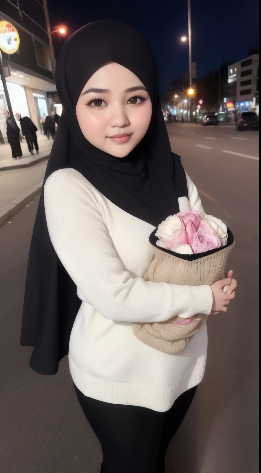 Siti nurhaliza holding a bouquet flower wearing big knitted sweater and black leggings in night city street, (mira filzah:1.6), wearing hijab, cute cat by her side, pastel color hijab, smal head, perfect body proportion, petite body,