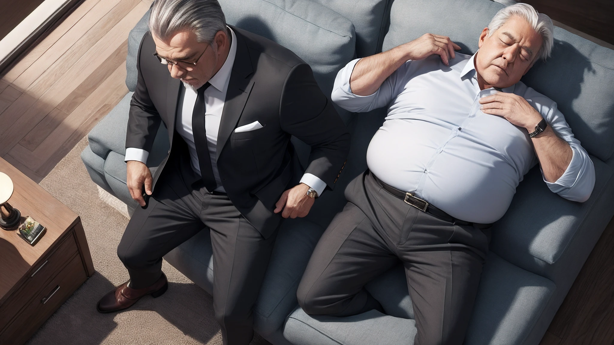 leather shoes,manly man,elder,grey hair,fat,stocking,suit,black shirt,sleeping,daytime,diffuse Lighting,from above,full body --auto