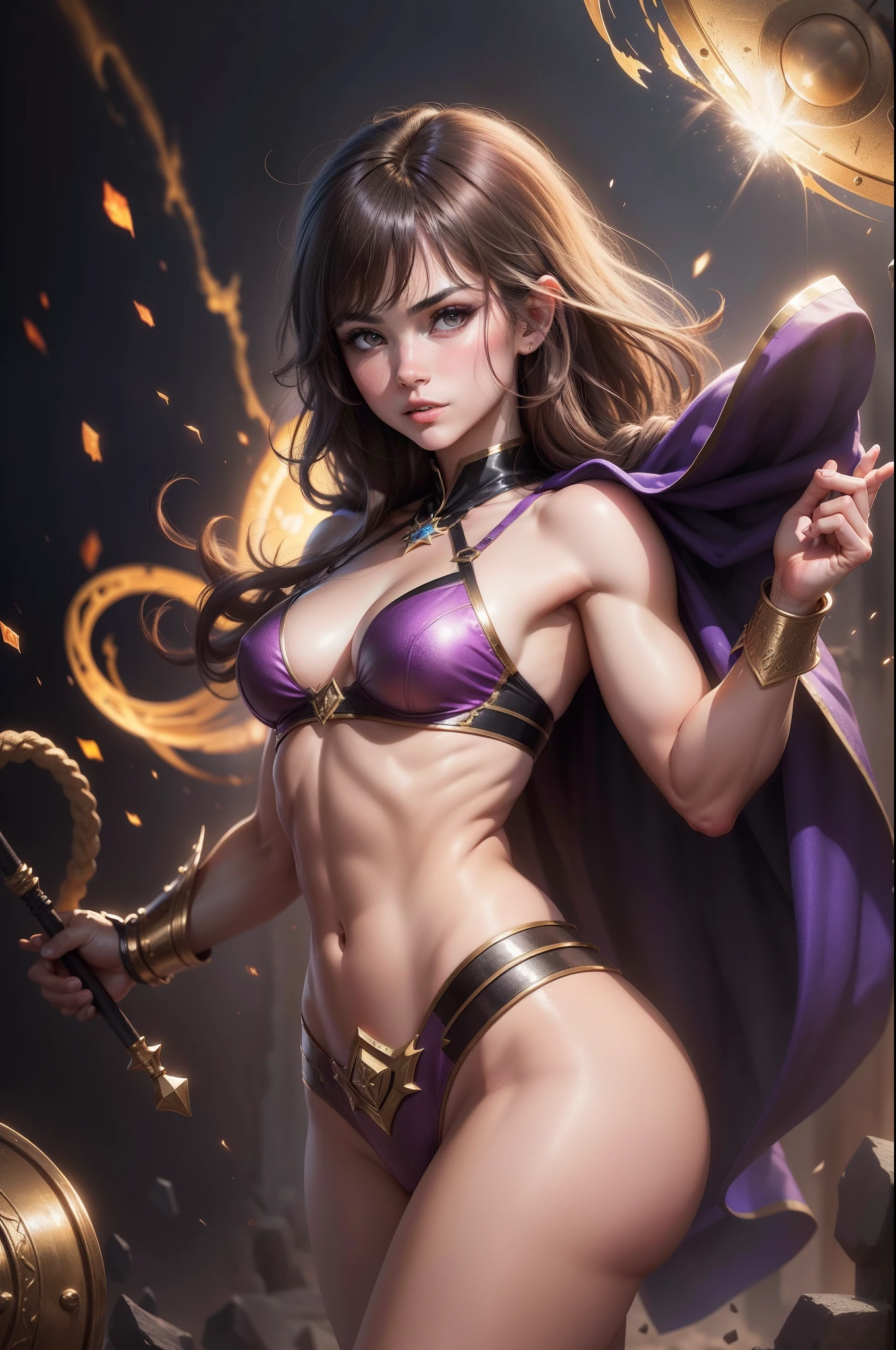 (8K,Photorealsitic　Raw photography　top-quality;1.4) 　(1girl in)　Super beauty　(Lifelike face)　Muscular and macho female body　(Brown-haired short bob)　Hold up a black and red magic wand　combat scene　Black and purple and golden armor and magic hat　Beautiful expression　glareing　(real looking skin)　(sorcerer)　enticing　超A high resolution　A hyper-realistic　high detal　fully body photo　ruins