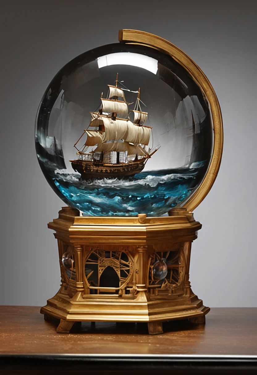 masterpiece, Surreal, Very high image quality, Extremely sharp detail. Description of 1 transparent crystal ball, Inside the crystal ball contains 1 pirate ship, The crystal ball was placed on the display table, The surroundings were pitch black, The light focuses on the crystal ball