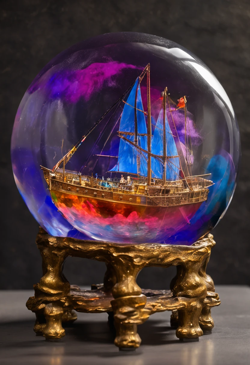masterpiece, Surreal, Very high image quality, Extremely sharp detail. Description of 1 transparent crystal ball, Inside the crystal ball contains 1 pirate ship, The crystal ball was placed on the display table, The surroundings were pitch black, The light focuses on the crystal ball