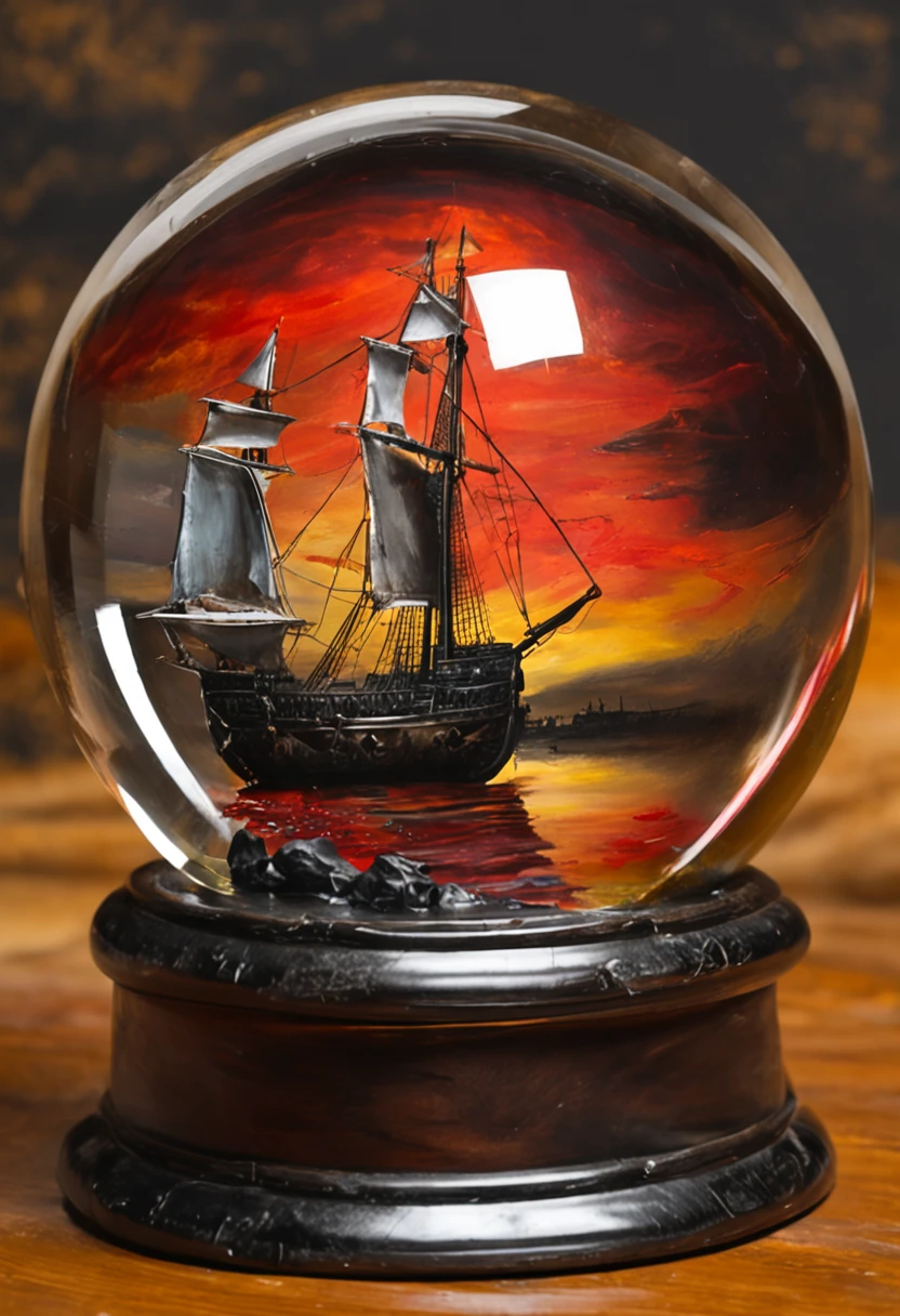 masterpiece, Surreal, Very high image quality, Extremely sharp detail. Description of 1 transparent crystal ball, Inside the crystal ball contains 1 pirate ship, The crystal ball was placed on the display table, The surroundings were pitch black, The light focuses on the crystal ball