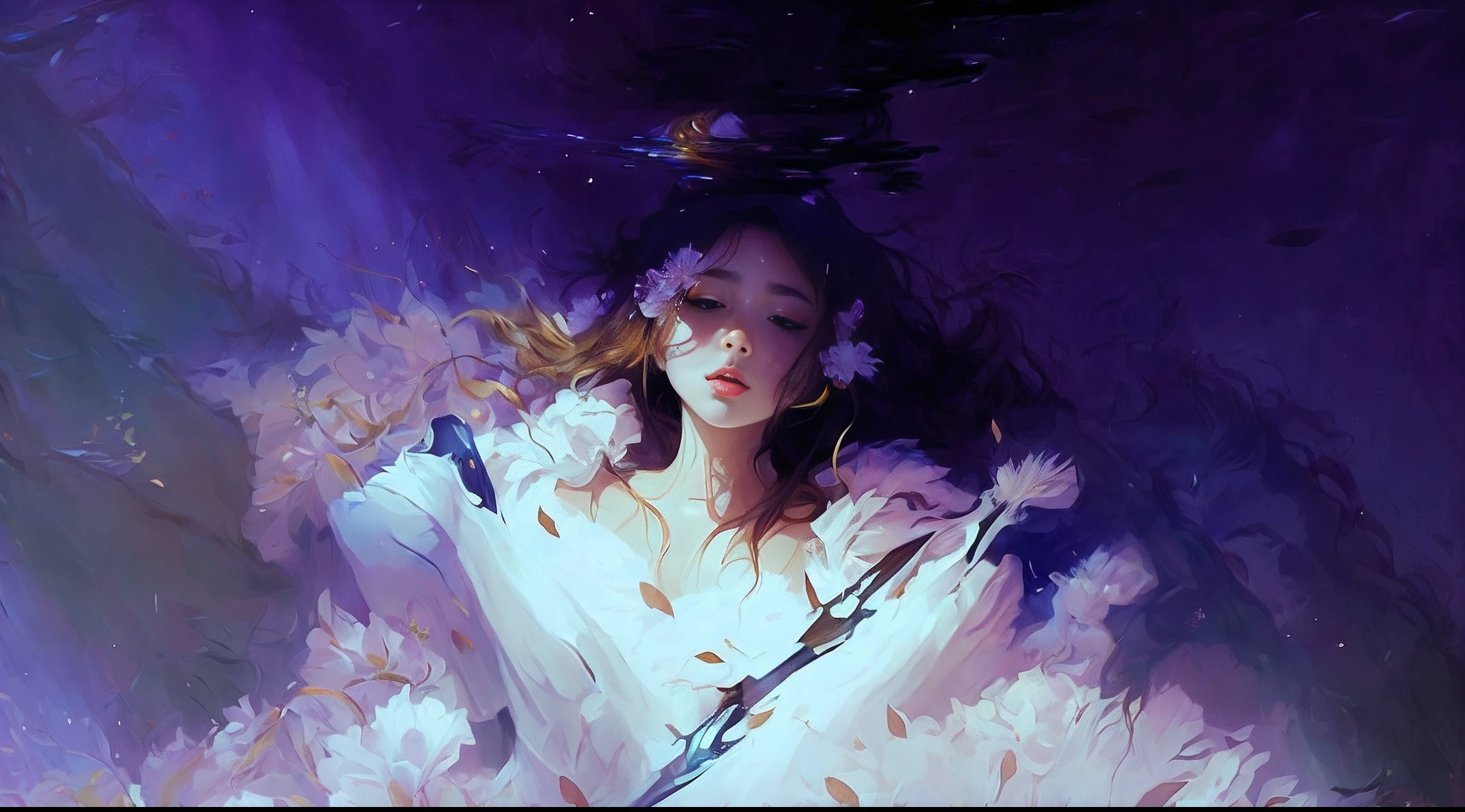 Painting of a woman in a white dress, beatiful face, Beautiful lips, holding a knife, beautiful illustration, jen bartel, artwork in the style of guweiz, guweiz masterpiece, floating drowned, Alice X. Zhang, Popular on Artstration, beautiful digital illustration, guweiz, guweiz on artstation pixiv, guweiz on pixiv artstation