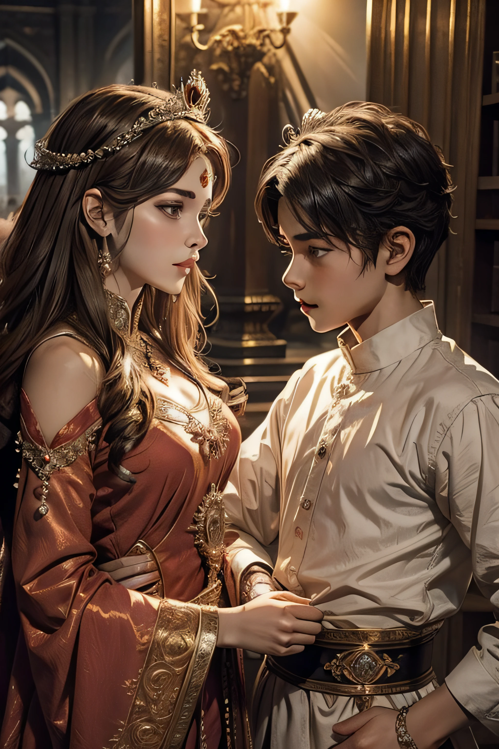 Princess with crown and Prince with Crown and stronng, both are Brother Sister. Show love between them where Brother saves Sister from Enemy