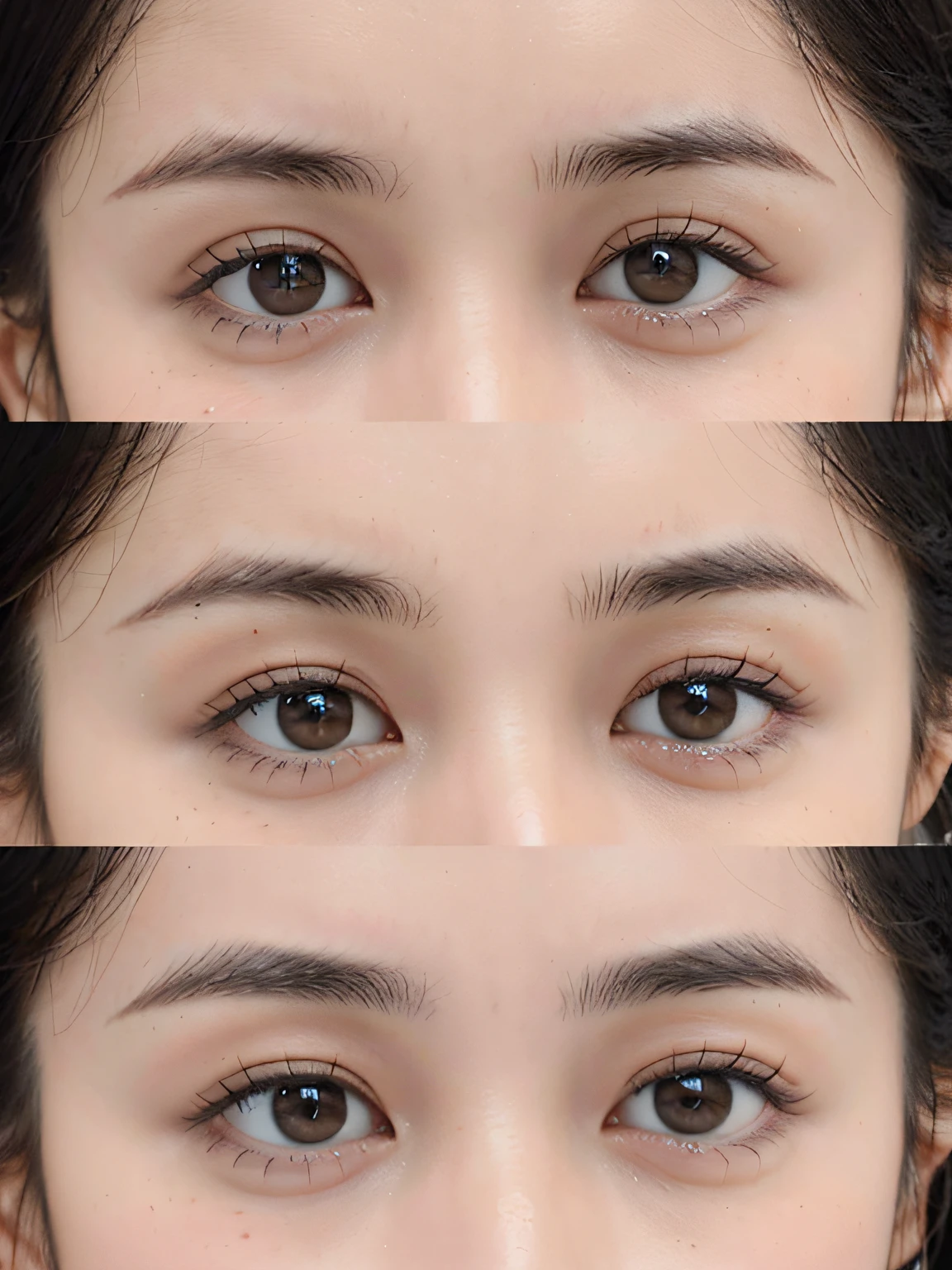 There are four pictures of different women with different eyes, Thin eyebrows, Small eyebrows, Naturally straight eyebrows, Various eyelid positions, Angular eyebrows, High flat eyebrows, Delicate eyebrows, big eyebrows, Eyebrows, Eyelids, Symmetrical eyes and body, Longer eyebrows, Straight eyebrows, correct eye proportions, roundly eyes, Rounded eyes