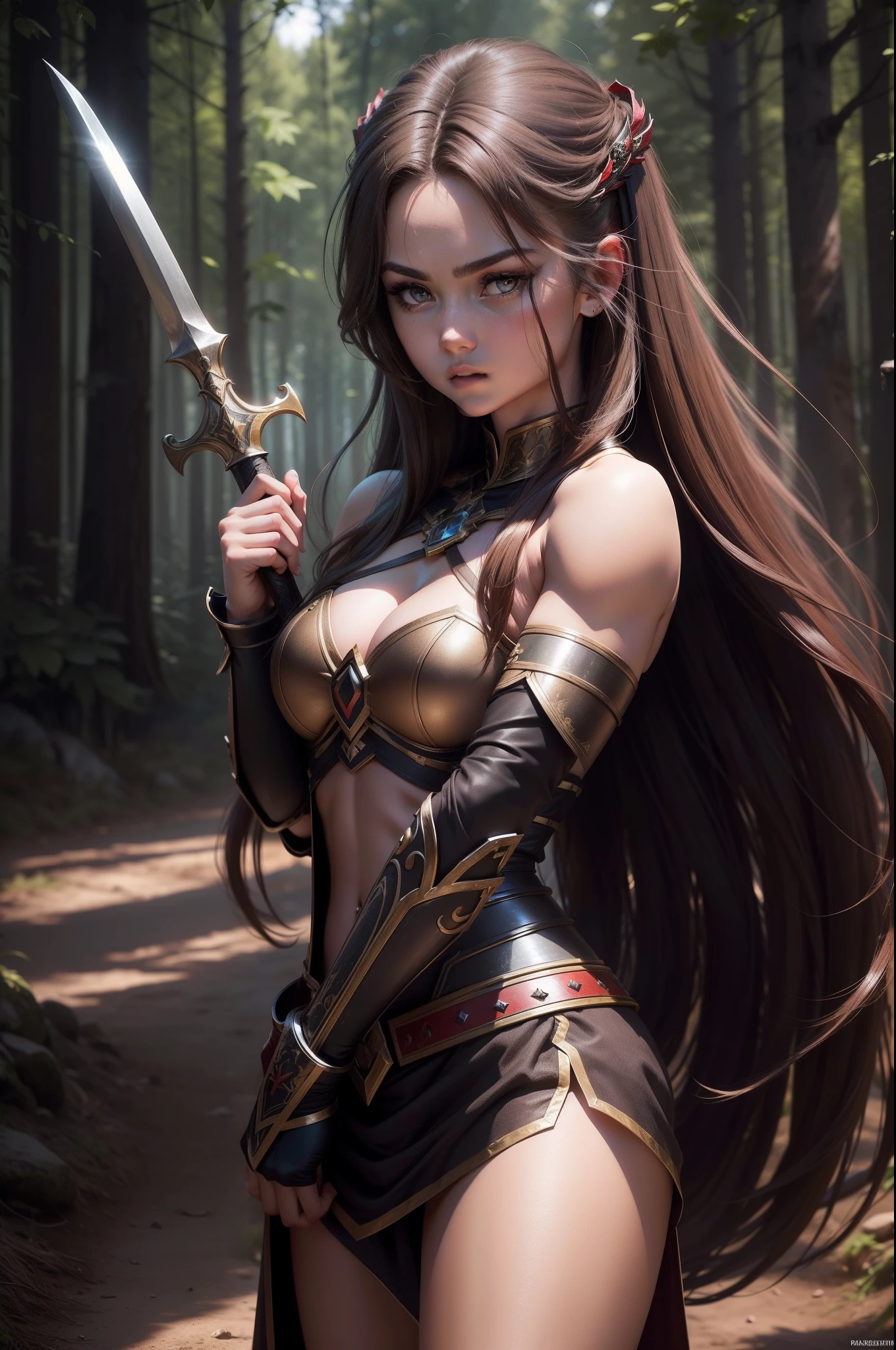 (8K,Photorealsitic　Raw photography　top-quality;1.4) 　(1girl in)　Super beauty　(Lifelike face)　Muscular and macho female body　(Brown hair long hair)　Hold the sword correctly and hold it in front of you　combat scene　Metallic black and red armor　Beautiful expression　glareing　(real looking skin)　(sorcerer)　enticing　超A high resolution　A hyper-realistic　high detal　fully body photo　ln the forest