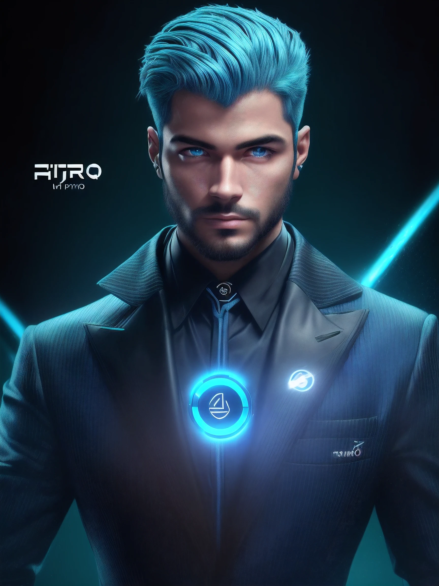 Auto retrato de corpo inteiro, de um android robotizado masculino (((traje moderno com um logo de play, desenho um play de musica))), ((em um quarto escuro, com luz RGB azul marinho)), Autorretrato realista, 8k UHD, DSLR, grain of film, (fotorrealista:1.5)