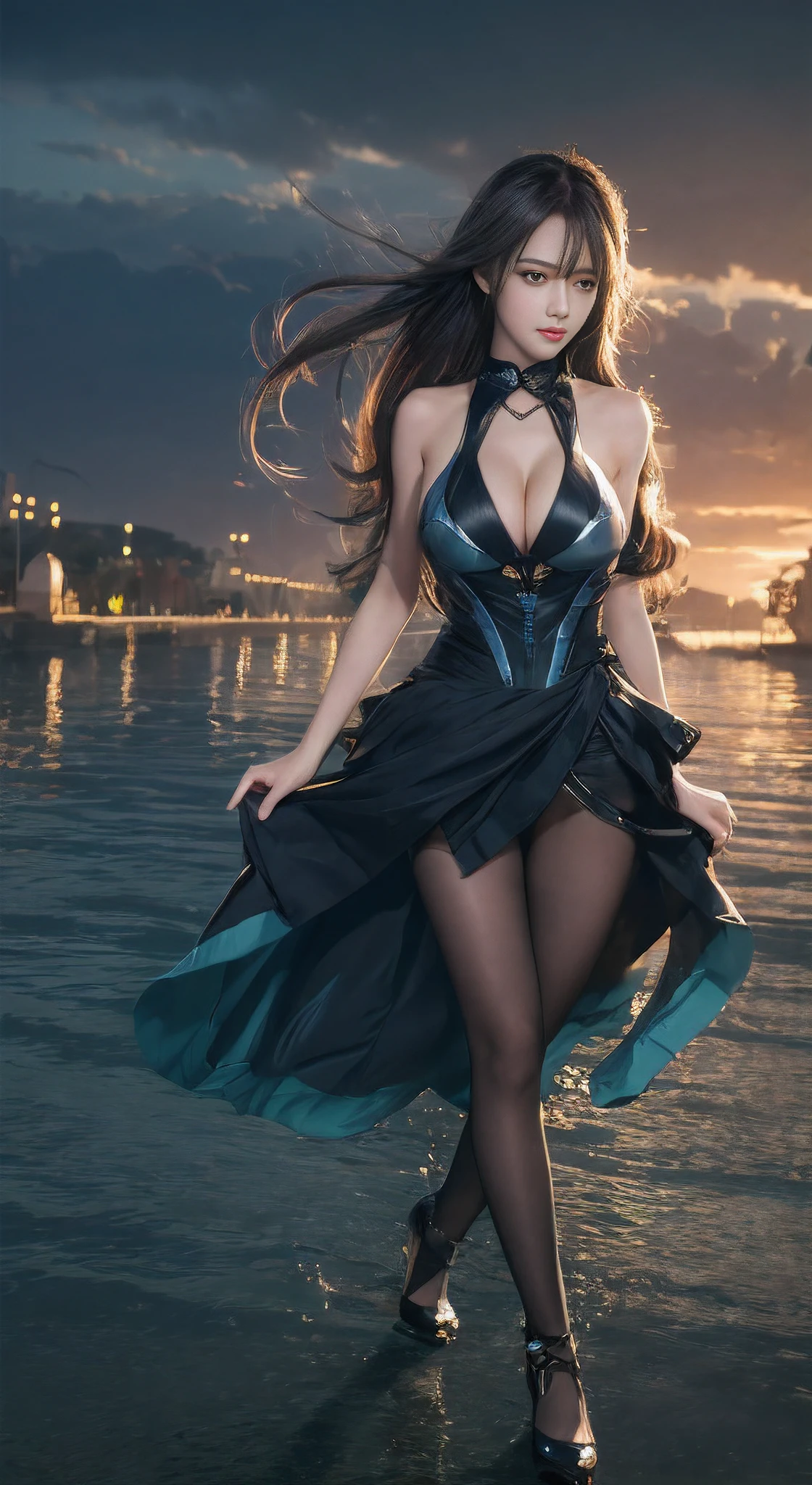 Long hair, aqua eyes, Huge breasts, High heels, Masterpiece,Best quality,offcial art,Extremely detailed Cg Unity 8K wallpaper, Dusk, Rainy weather adjustment_thigh high,Under the water