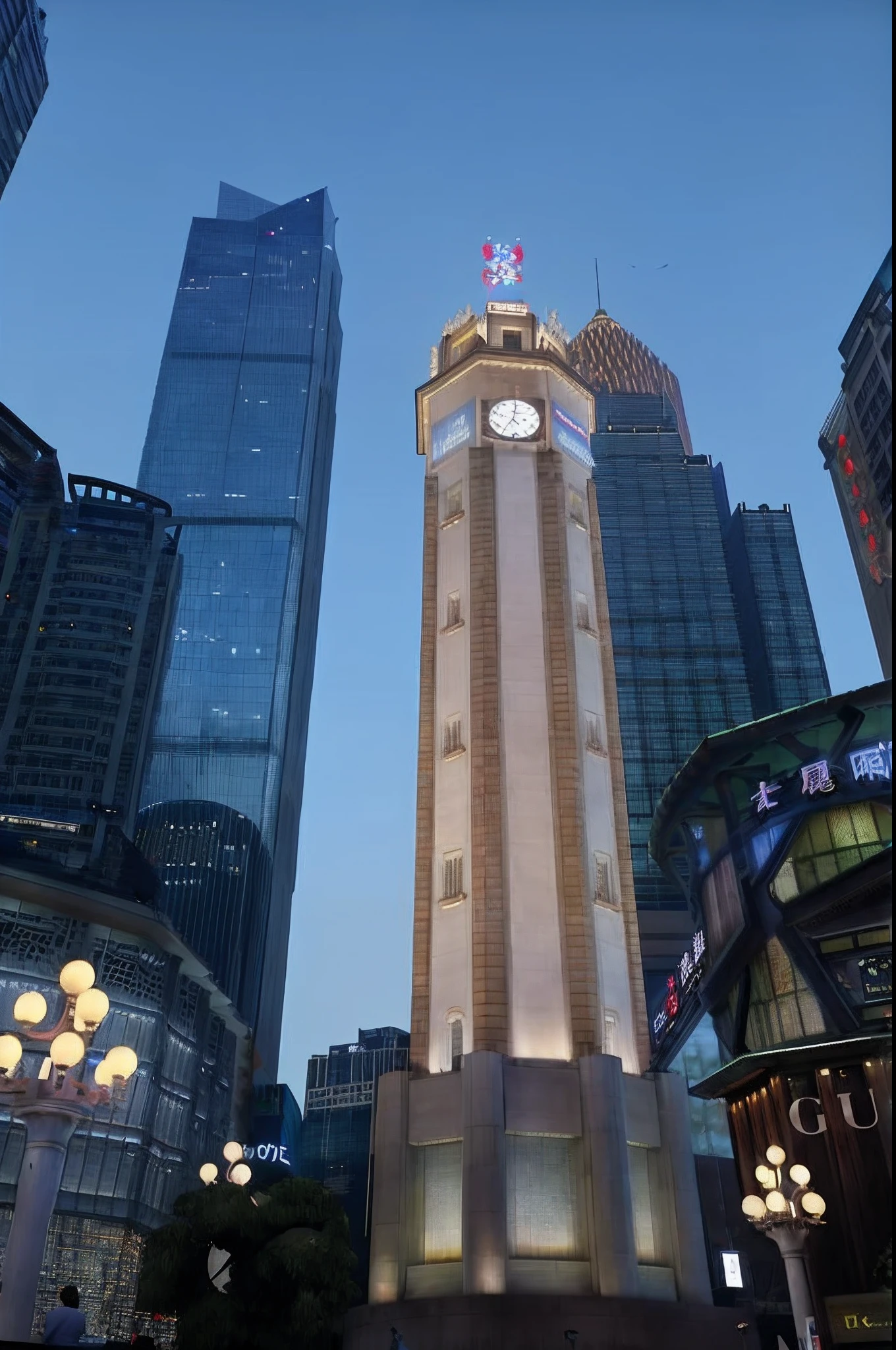 A relief of a tall clock tower in the city at night, shenzhen, the clock tower, shanghai, shanghai city, full - view, look from down, screengrab, large commercial led screens, the building is a skyscraper, central hub, giant clock, the clock tower, around the city, Chinese New Year in Shanghai, stunning images, View from below
