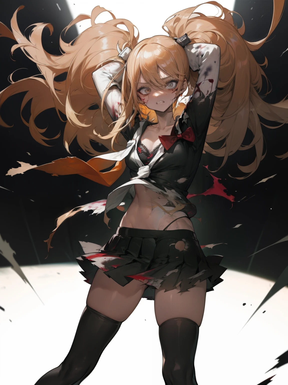 1girl, serafuku, shirt, skirt, (thighhighs:1.1), sneakers, torn clothes, torn shirt, torn skirt, torn legwear, full_body, scared, parted_lips, blood, open_shirt, facing_viewer, fleeing, blood,
black background, arms behind head, bra, torn bra, medium breasts, long blond hair, blood splatter,, masterpiece, best quality, highly detailed