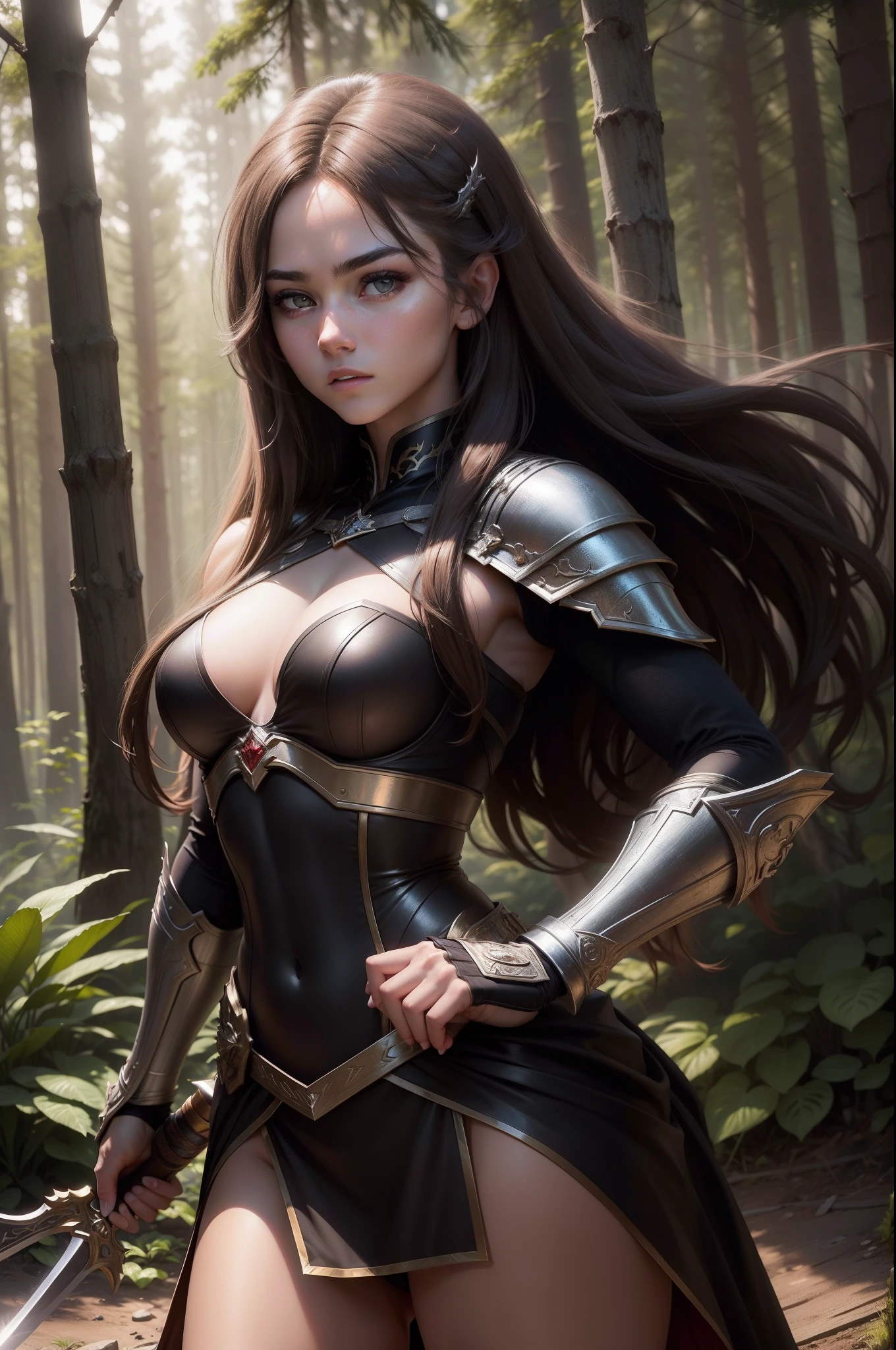 (8K,Photorealsitic　Raw photography　top-quality;1.4) 　(1girl in)　Super beauty　(Lifelike face)　Muscular and macho female body　(Brown hair long hair)　Hold the sword correctly and hold it in front of you　combat scene　Metallic black and red armor　Beautiful expression　glareing　(real looking skin)　(sorcerer)　enticing　超A high resolution　A hyper-realistic　high detal　fully body photo　ln the forest