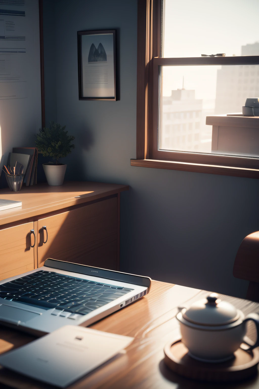 There was a laptop on the table in front of the window, Cluttered medium shot, home office interior, illusory engine. retro film still, Realistic afternoon lighting, Render in Frey, Old CGI 3D rendering Bryce 3D, Rendered in V-Ray, background 1970s office, 3 ds max + vray