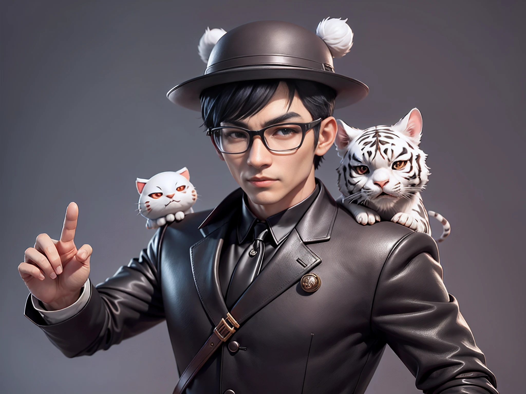 Young man with oriental face in leather hat, tiger, oriental face in formal suit, short black hair, silver glasses, digital painting, 3D character design by Mark Clairedon and Pixar and Hayao Miyazaki and Akira Toriyama, the illustration is a high-definition illustration in 4K resolution with very detailed facial features and cartoon-style visuals.