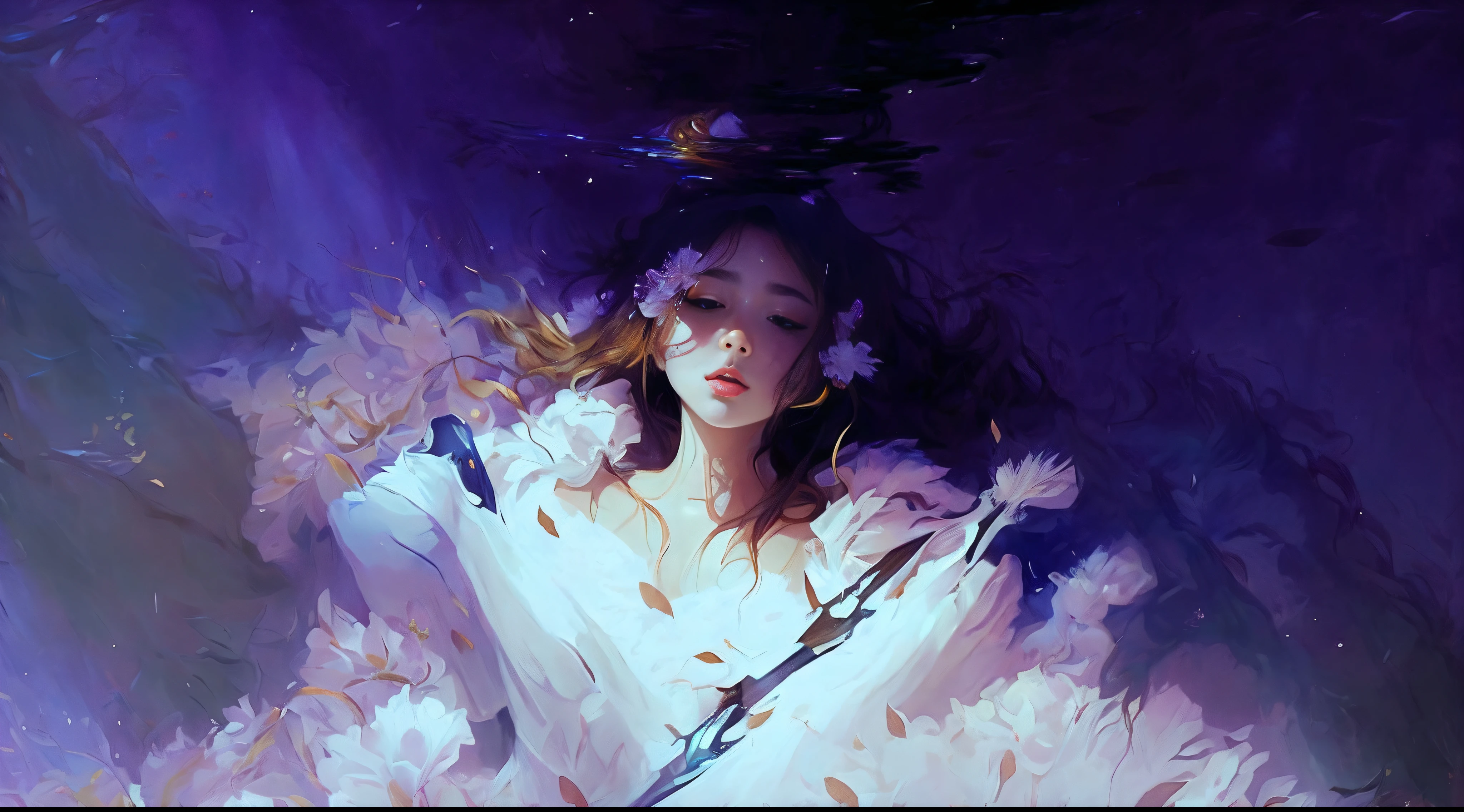 Painting of a woman in a white dress, beatiful face, Beautiful lips, holding a knife, beautiful illustration, jen bartel, artwork in the style of guweiz, guweiz masterpiece, floating drowned, Alice X. Zhang, Popular on Artstration, beautiful digital illustration, guweiz, guweiz on artstation pixiv, guweiz on pixiv artstation