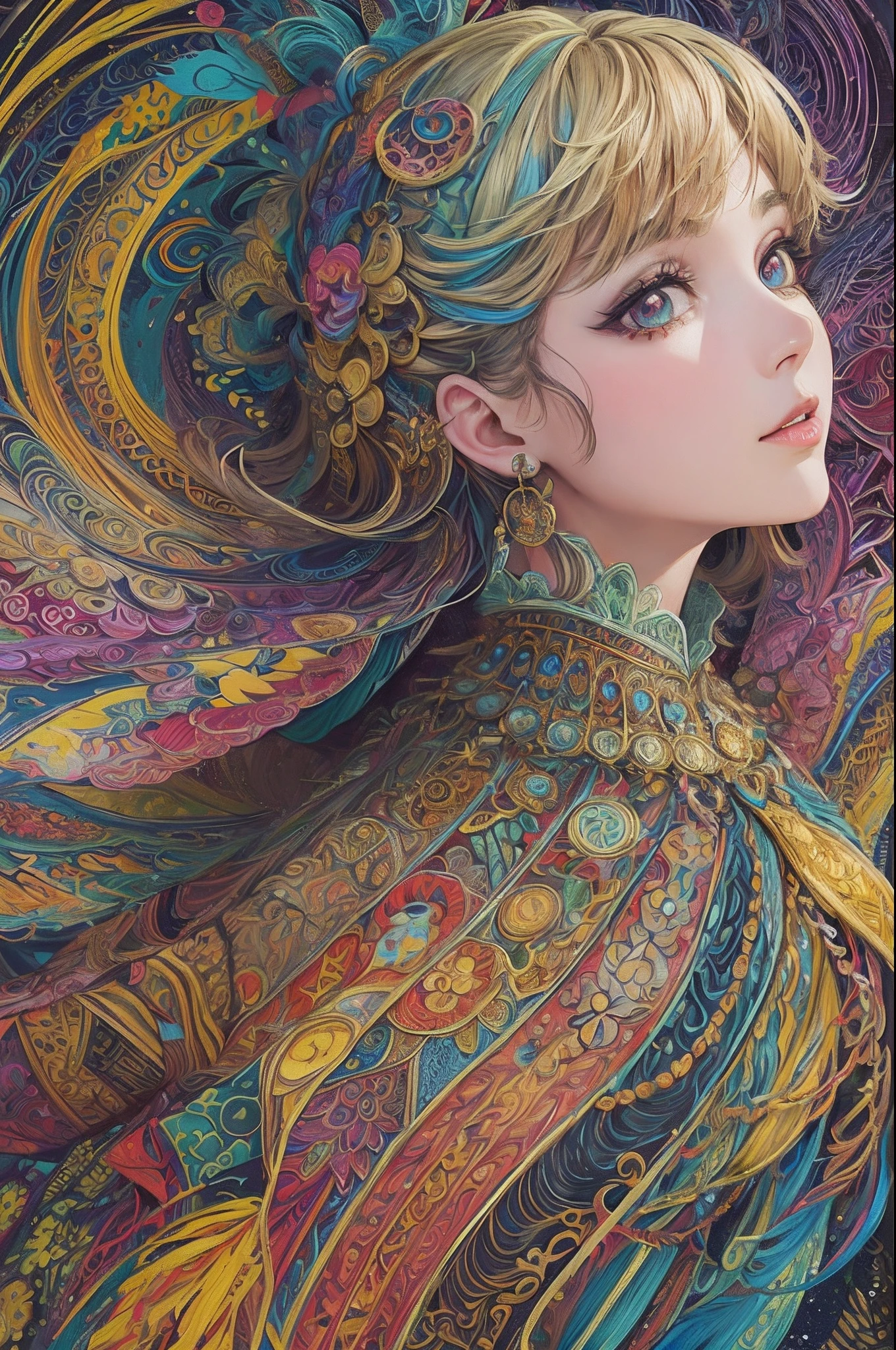 (masterpiece, top quality, best quality, official art, beautiful and aesthetic:1.2), (1girl:1.3), extremely detailed,(fractal art:1.2),colorful,highest detailed,(zentangle:1.2), ((dynamic pose)), (abstract background:1.5), (traditional dress:1.2), (shiny skin), (many colors:1.4), upper body. --auto --s2