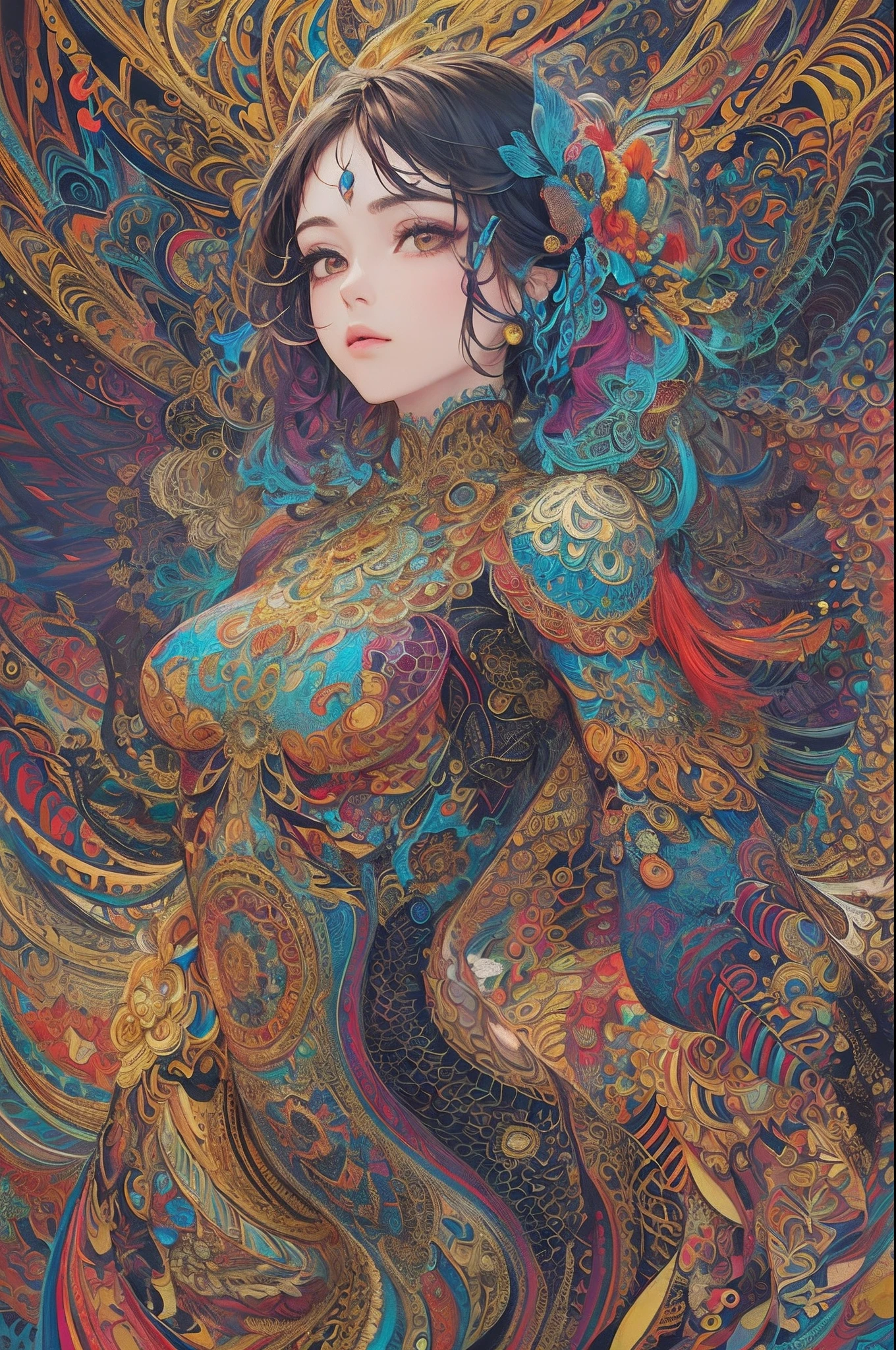 (masterpiece, top quality, best quality, official art, beautiful and aesthetic:1.2), (1girl:1.3), extremely detailed,(fractal art:1.2),colorful,highest detailed,(zentangle:1.2), ((dynamic pose)), (abstract background:1.5), (traditional dress:1.2), (shiny skin), (many colors:1.4), upper body. --auto --s2