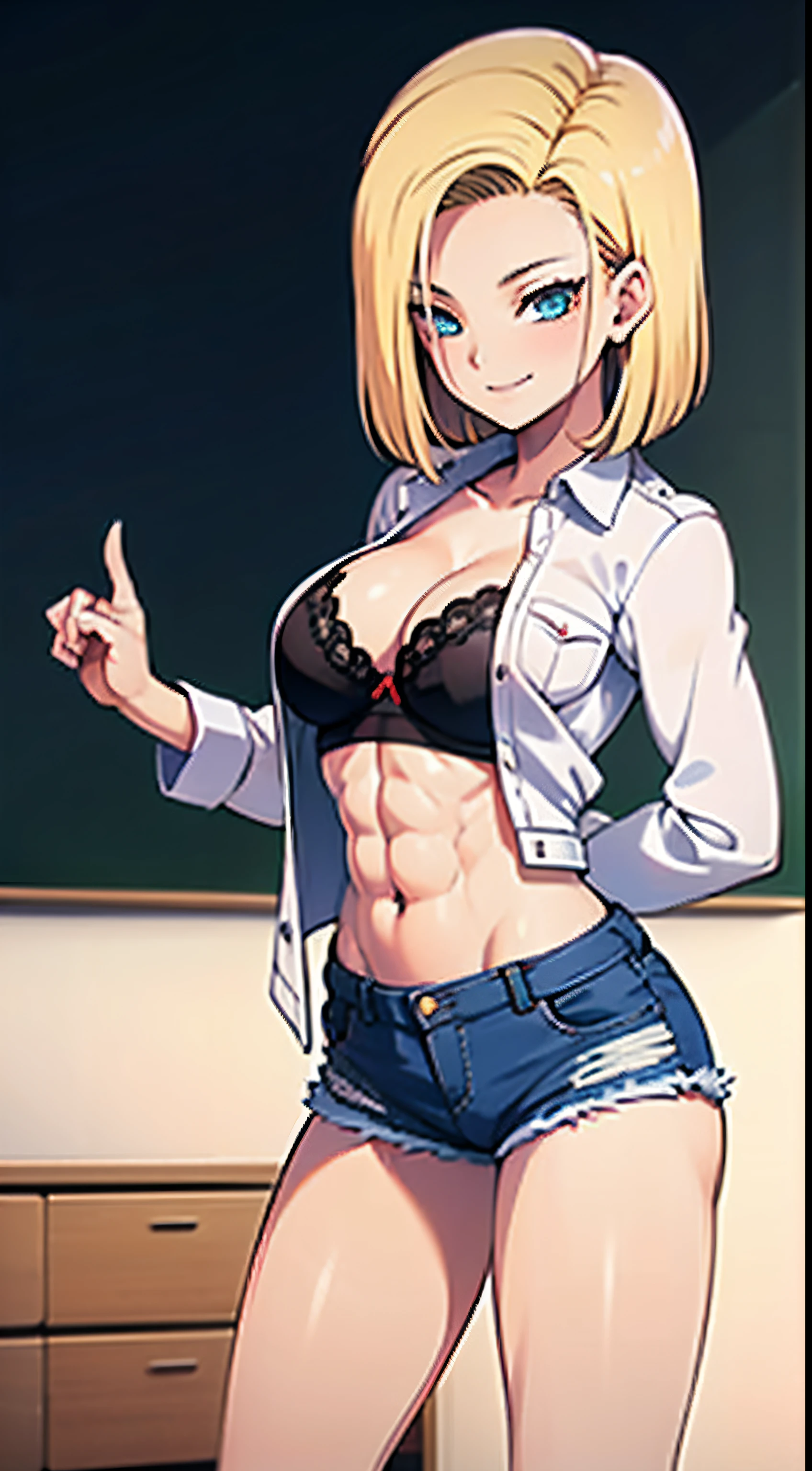 1 girl, android 18, blond hair, denim shorts, long legs, busty breast, open shirt, one eye close, expose smile, one hand on behind neck, abs , black bra