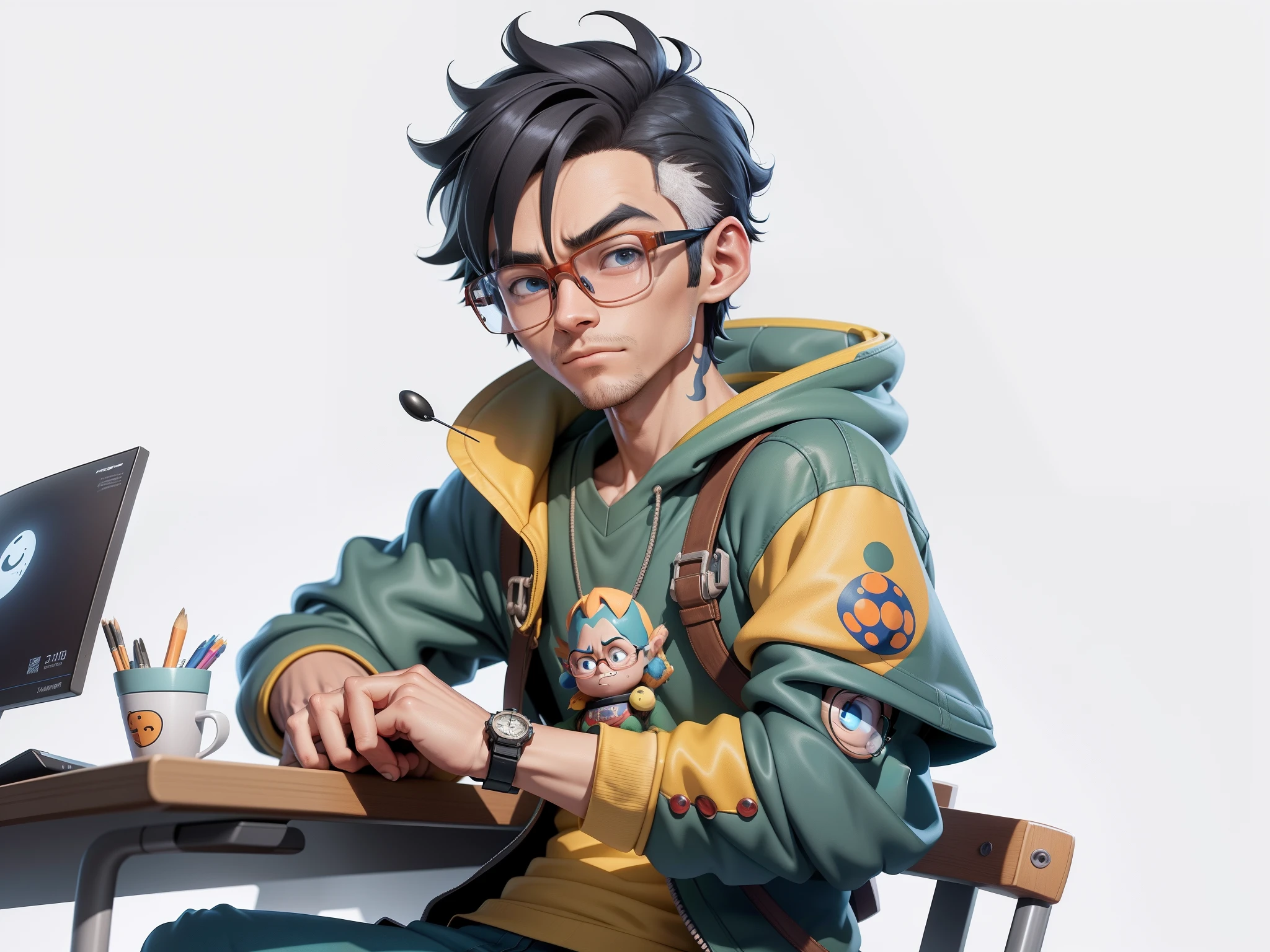 A young man with glasses sits at his desk,holding laptop,digitial painting,3D character design by Mark Clairen and Pixar and Hayao Miyazaki and Akira Toriyama,4K HD illustration,Very detailed facial features and cartoon-style visuals。