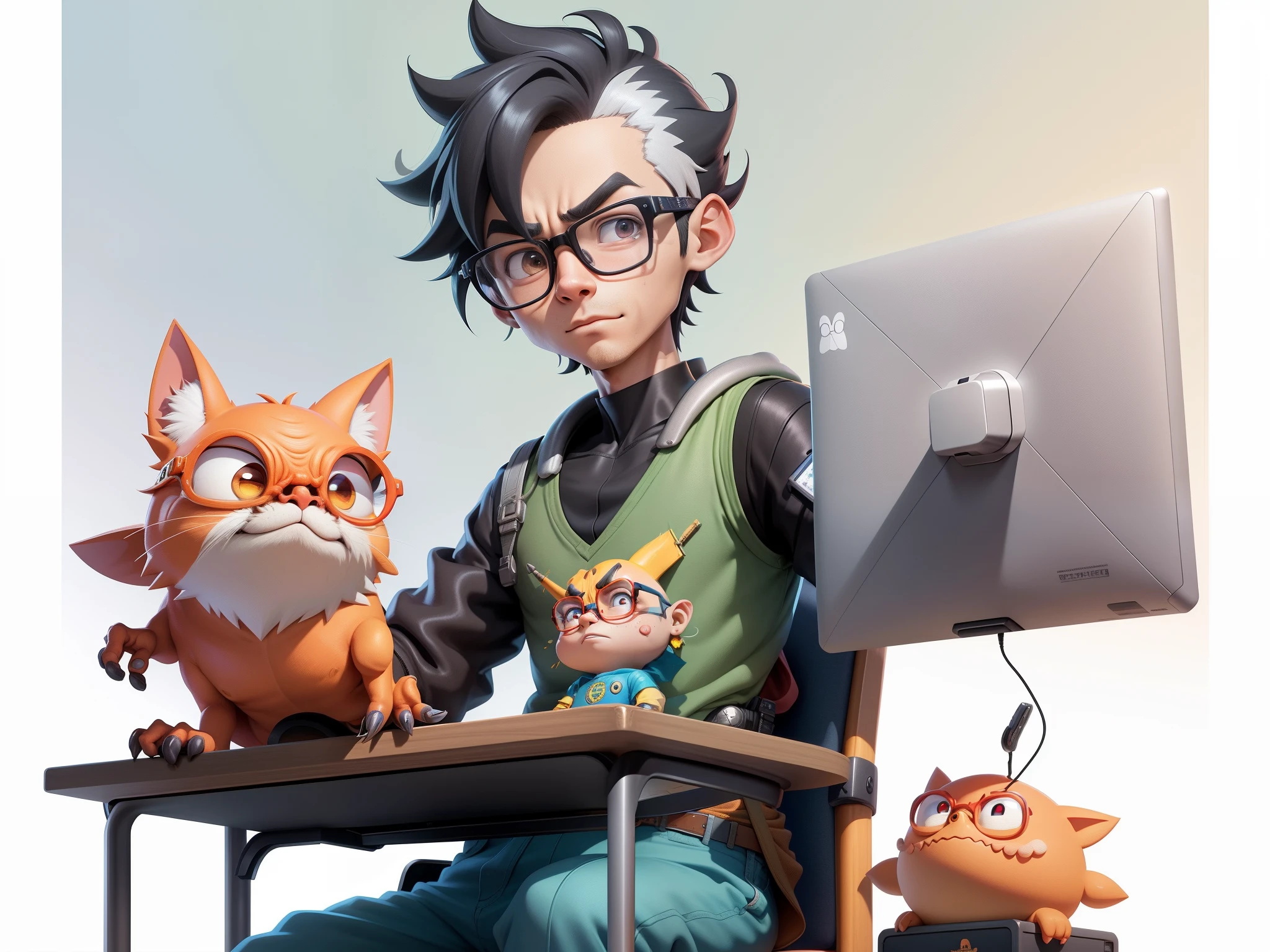 A young man with glasses sits at his desk,holding laptop,digitial painting,3D character design by Mark Clairen and Pixar and Hayao Miyazaki and Akira Toriyama,4K HD illustration,Very detailed facial features and cartoon-style visuals。