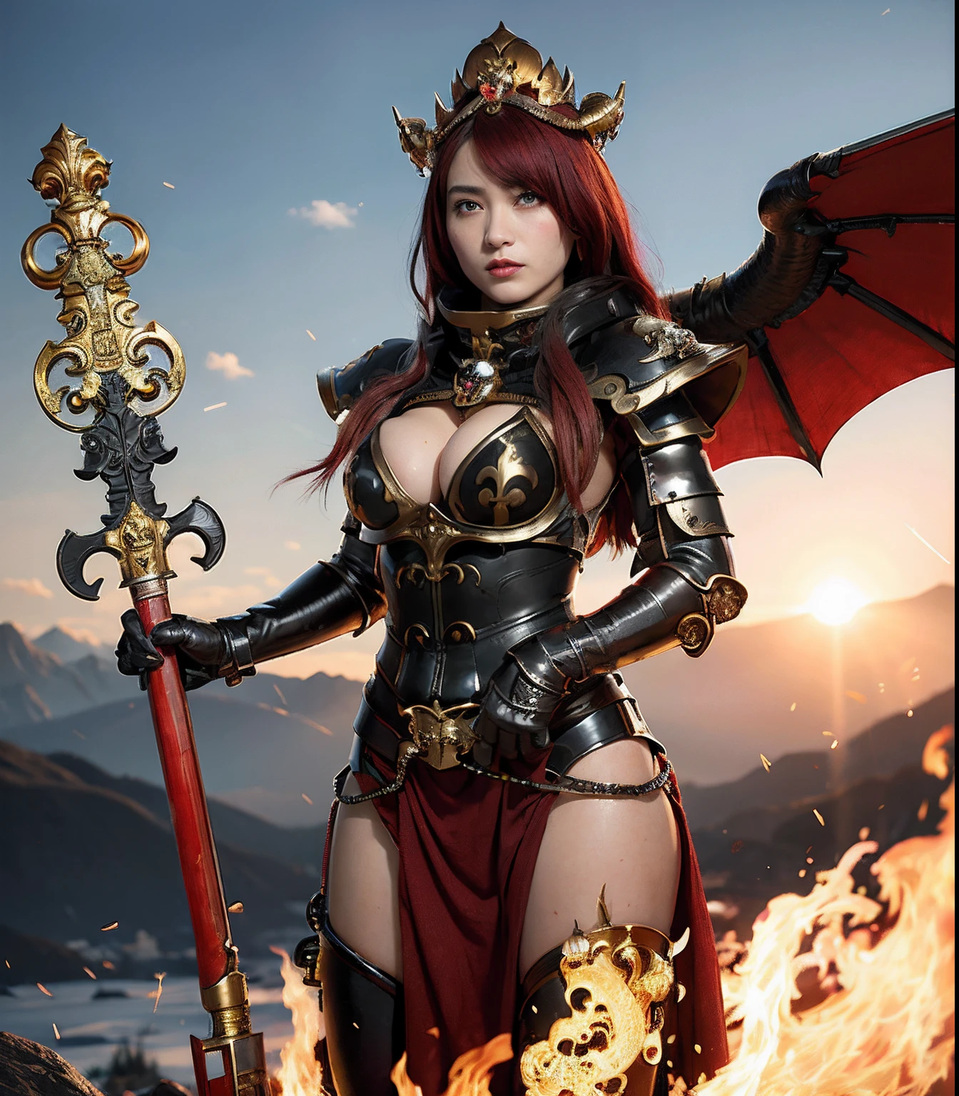 (masutepiece), Professional , ​masterpiece、top-quality、photos realistic , depth of fields （Dragon Black Metal Body:1.９),(Matte Black、（cleavage of the breast）、Dragon Gold Weapon、（bikini-armor),Gorgeous gold weapons ,（（ Dragon's dense and gorgeous sword）） , Beautiful knife   ,warhammer 40k , adepta sororitas,Detail and gorgeous crown、（（Red hair））、（Castle background）、The dragon、（（Gangle's forest background））、Beautiful Caucasian beauty、（１a person）、dynamic ungle,(((Detailed and ornate Black Devil Crown)))、Smaller head、Strange smile、Castle background、Thin and beautiful female hands、cleavage of the breast、Soldier in iron armor on background、Mystical expression、Light Effects、intense fighting、Wind-effect、magic circles、With the legendary magic wand、（demonic wings）、