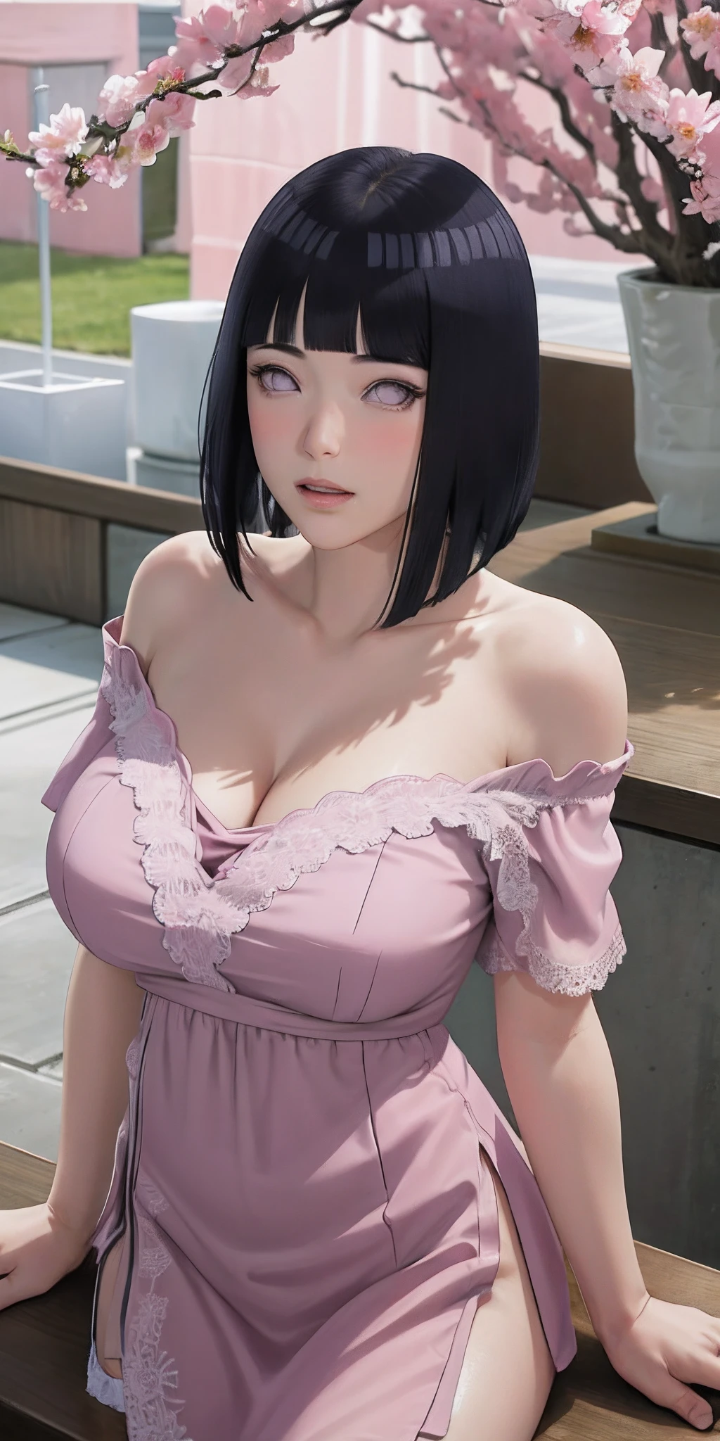 masterpiece, absurdres, hinata hyuga, 1girl, solo,mature female, off shoulder lace mini dress, looking at viewer, (falling petals), perfect composition, detailed lips, big breast, beautiful face, body propotion, blush, (pink lips), long hair, purple eyes, soft gaze, super realistic, detailed, photoshoot, realistic face and body, detail body, detail finger, sexual expression, seductive expression,