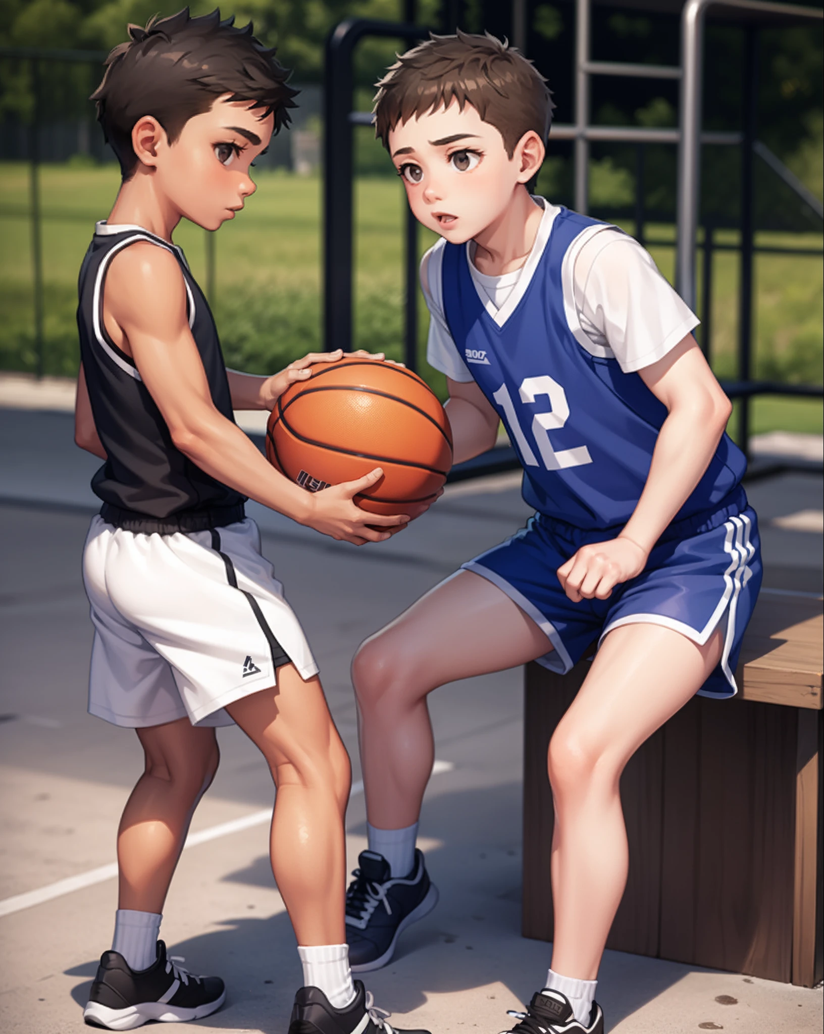 Two  boys，Play basketball on the playground，vests，13 yea，Little fat，A little fat，One point shorts，Height 170