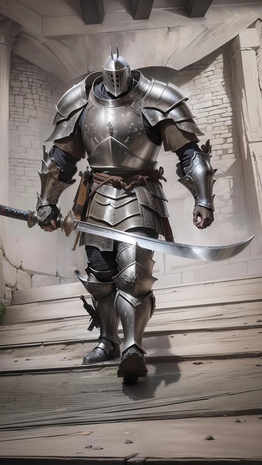 Medieval heavy armor,Armed with a giant katana,Three meters tall,Stand on the steps