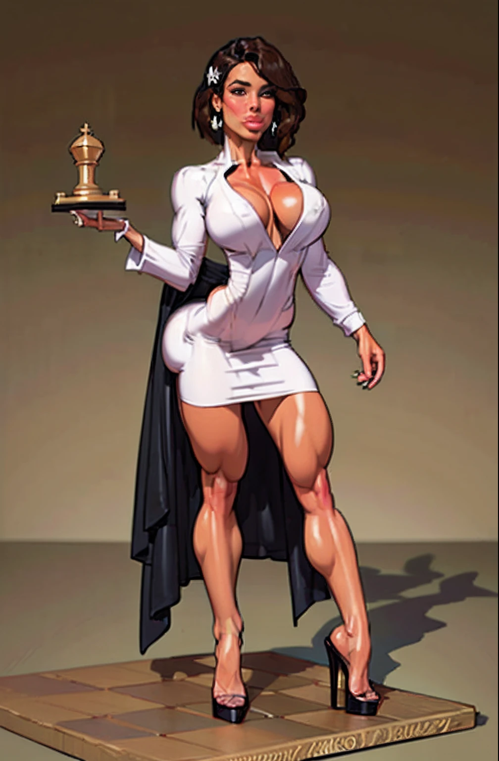 (Best quality, 8k, 32k, Masterpiece, UHD:1.2),Photo of Pretty woman, ((1 girl)), ((solo)) embodiment of chess piece, chess theme, white and black attire,(medium-short dark brown hair), double eyelid, large breasts, breast cleavage, dressed in queen chess piece attire, high heels, chess theme, chess, full covered in costume, super villain chess woman standing on chessboard, look at viewer, faint smile, from below
