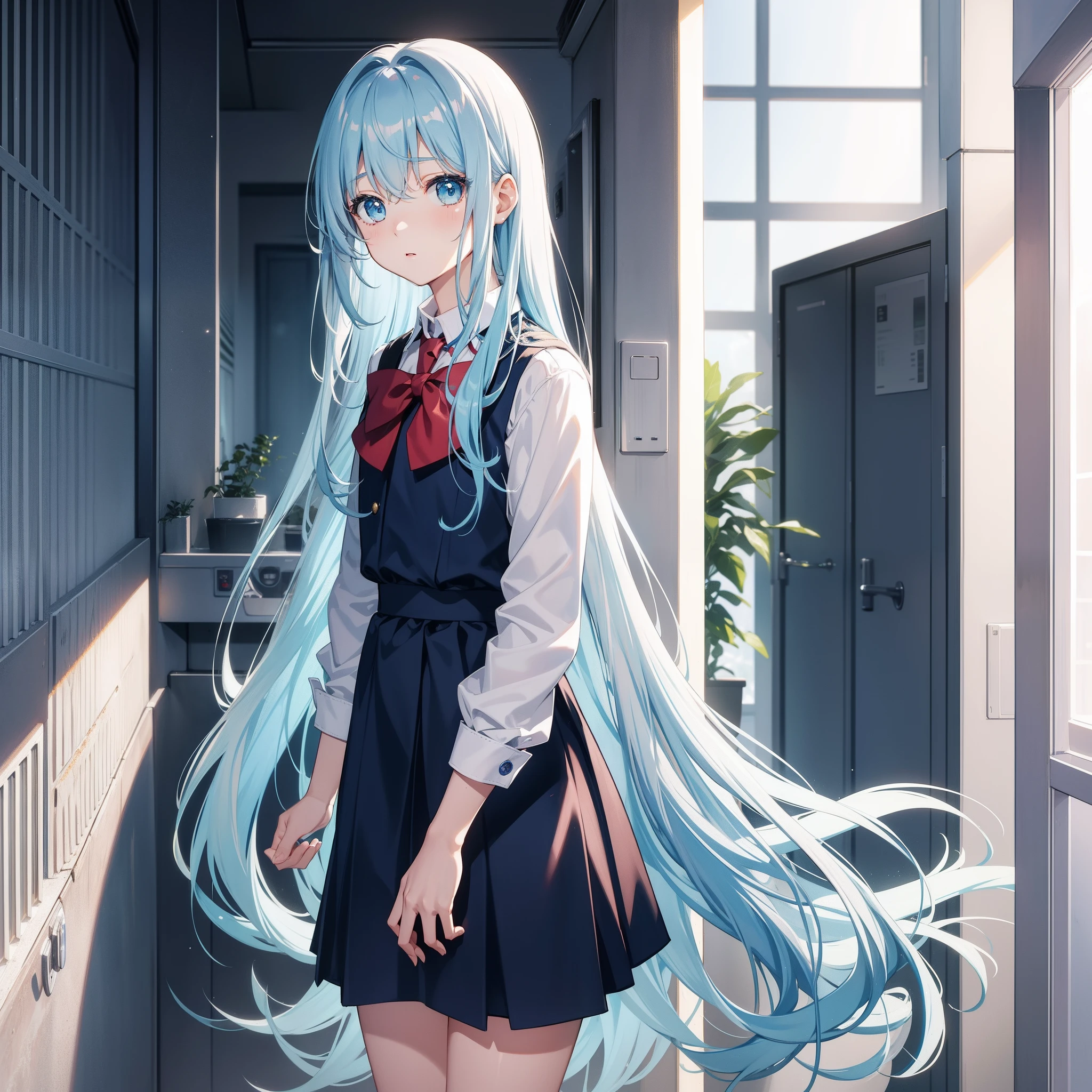 ,Long light blue hair,It's like it's just washed,Eyes that are slightly lighter than the color of the hair,A little li like an idol,in school uniform,Medium build,Stand in the restroom