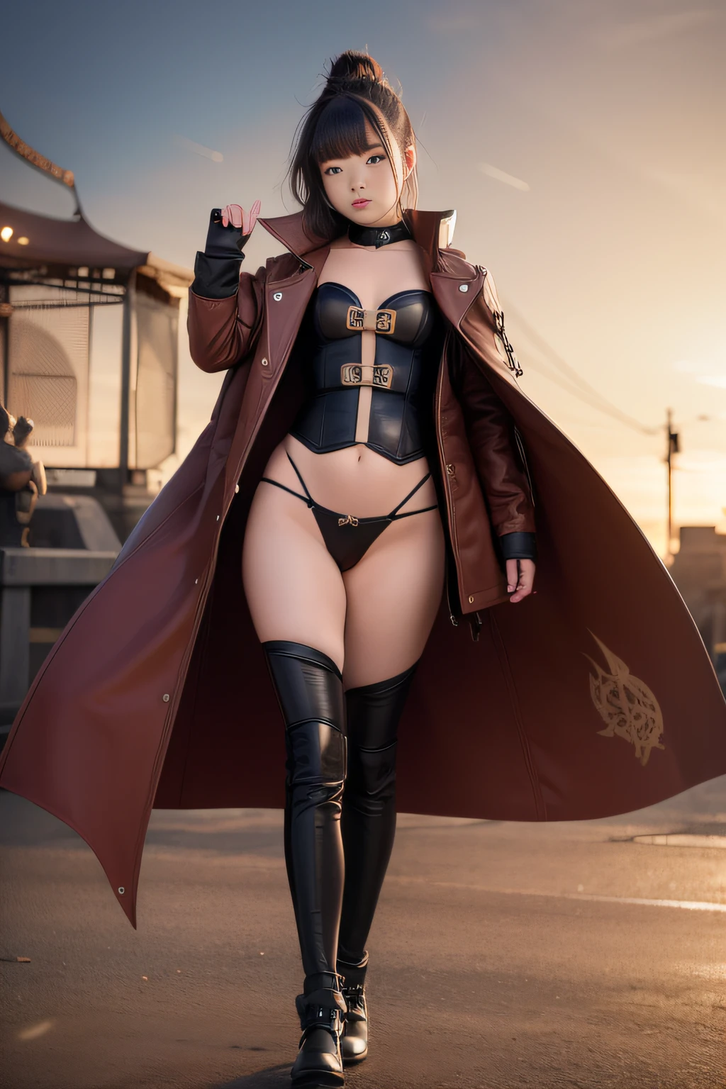 1 girl, young, , Asian girl, full body from head to toe, realistic, realistic face, realistic eyes, worried, looks over shoulder, side lighting, wallpaper, looks at viewer, steampunk futuristic buildings in the background, long cape and sleeveless hood, cutout in front one-piece swimsuit, terrestrial, outdoor, Holding Steampunk sword in left hand, Flying in the sky with Steampunk Jet Pack, Dragon Logo,