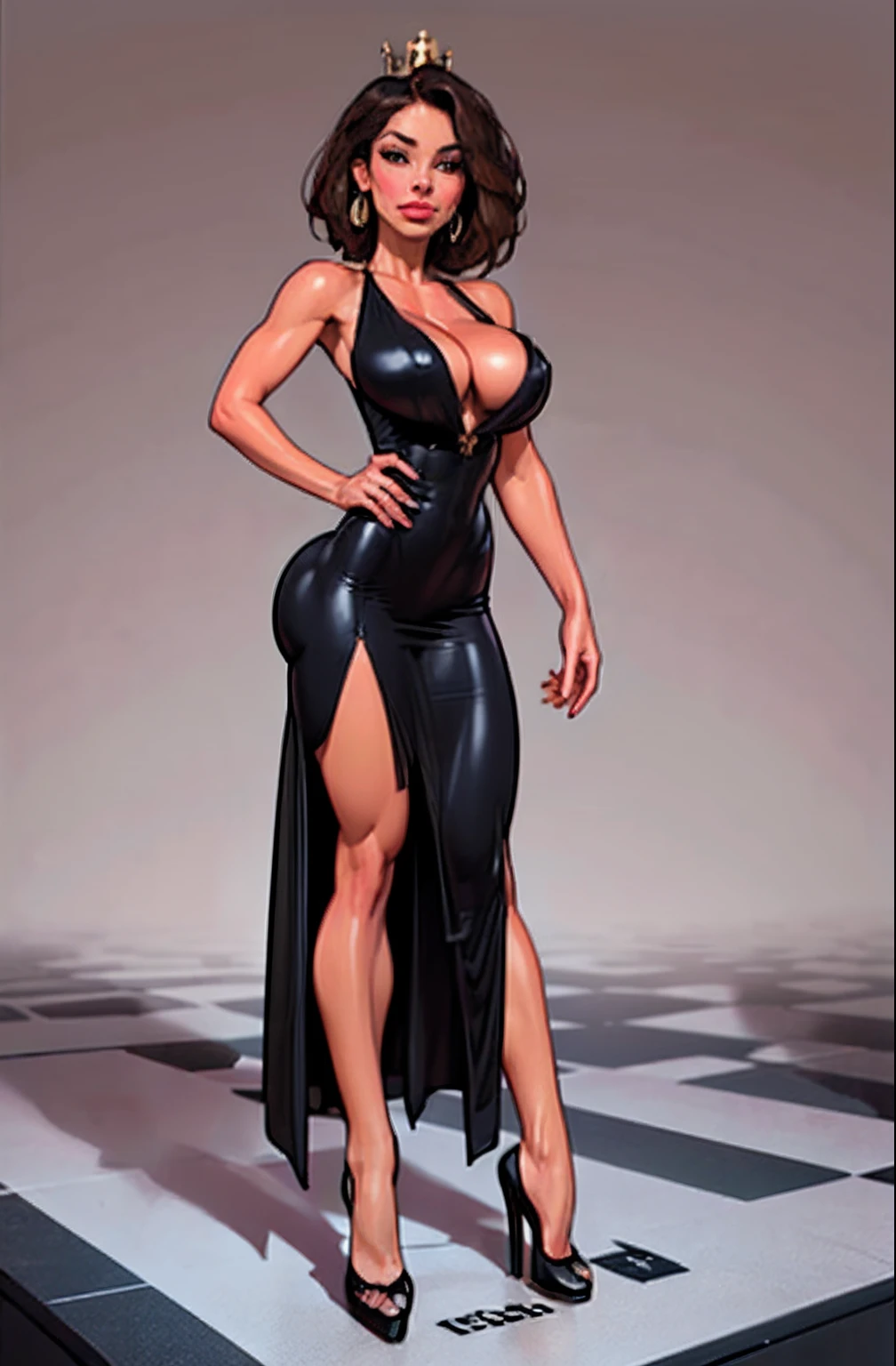 (Best quality, 8k, 32k, Masterpiece, UHD:1.2),Photo of Pretty woman, ((1 girl)), ((solo)) embodiment of chess piece, chess theme, white and black attire,(medium-short dark brown hair), double eyelid, large breasts, breast cleavage, dressed in queen chess piece attire, high heels, chess theme, chess, full covered in costume, super villain chess woman standing on chessboard, look at viewer, faint smile, from below