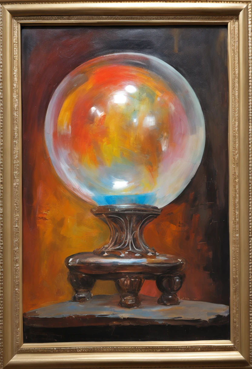 masterpiece, Surreal, Very high image quality, Extremely sharp detail. Description of 1 transparent crystal ball, Inside the crystal ball contains 1 beautiful naked girl, She has white hair, sexy body, big breasts, big ass, posing inside the crystal ball, The crystal ball was placed on the display table, where there is a lack of light and the light focuses on the crystal ball