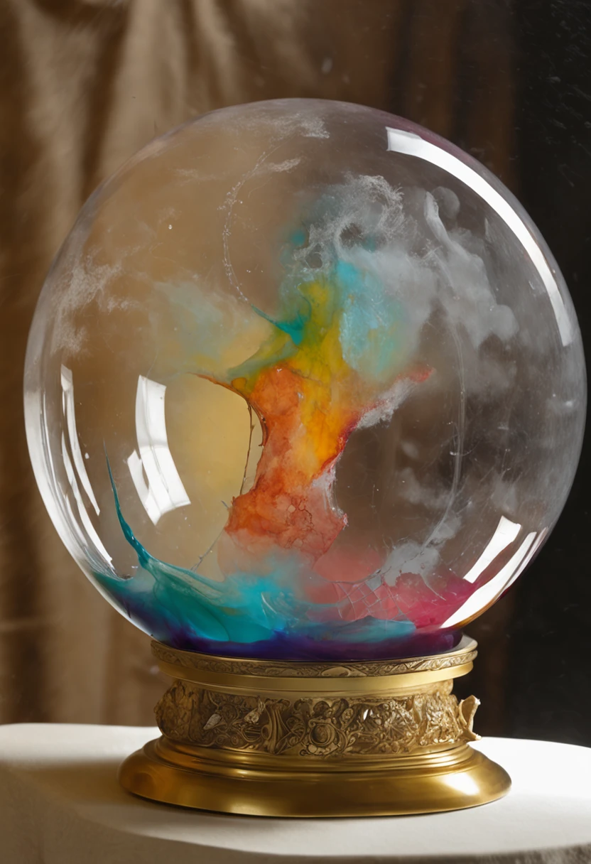 masterpiece, Surreal, Very high image quality, Extremely sharp detail. Description of 1 transparent crystal ball, Inside the crystal ball contains 1 beautiful naked girl, She has white hair, sexy body, big breasts, big ass, posing inside the crystal ball, The crystal ball was placed on the display table, where there is a lack of light and the light focuses on the crystal ball