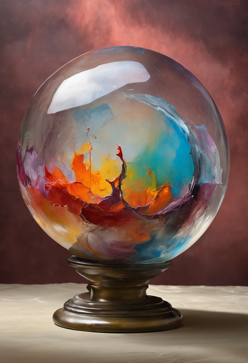 masterpiece, Surreal, Very high image quality, Extremely sharp detail. Description of 1 transparent crystal ball, Inside the crystal ball contains 1 beautiful naked girl, She has white hair, sexy body, big breasts, big ass, posing inside the crystal ball, The crystal ball was placed on the display table, where there is a lack of light and the light focuses on the crystal ball